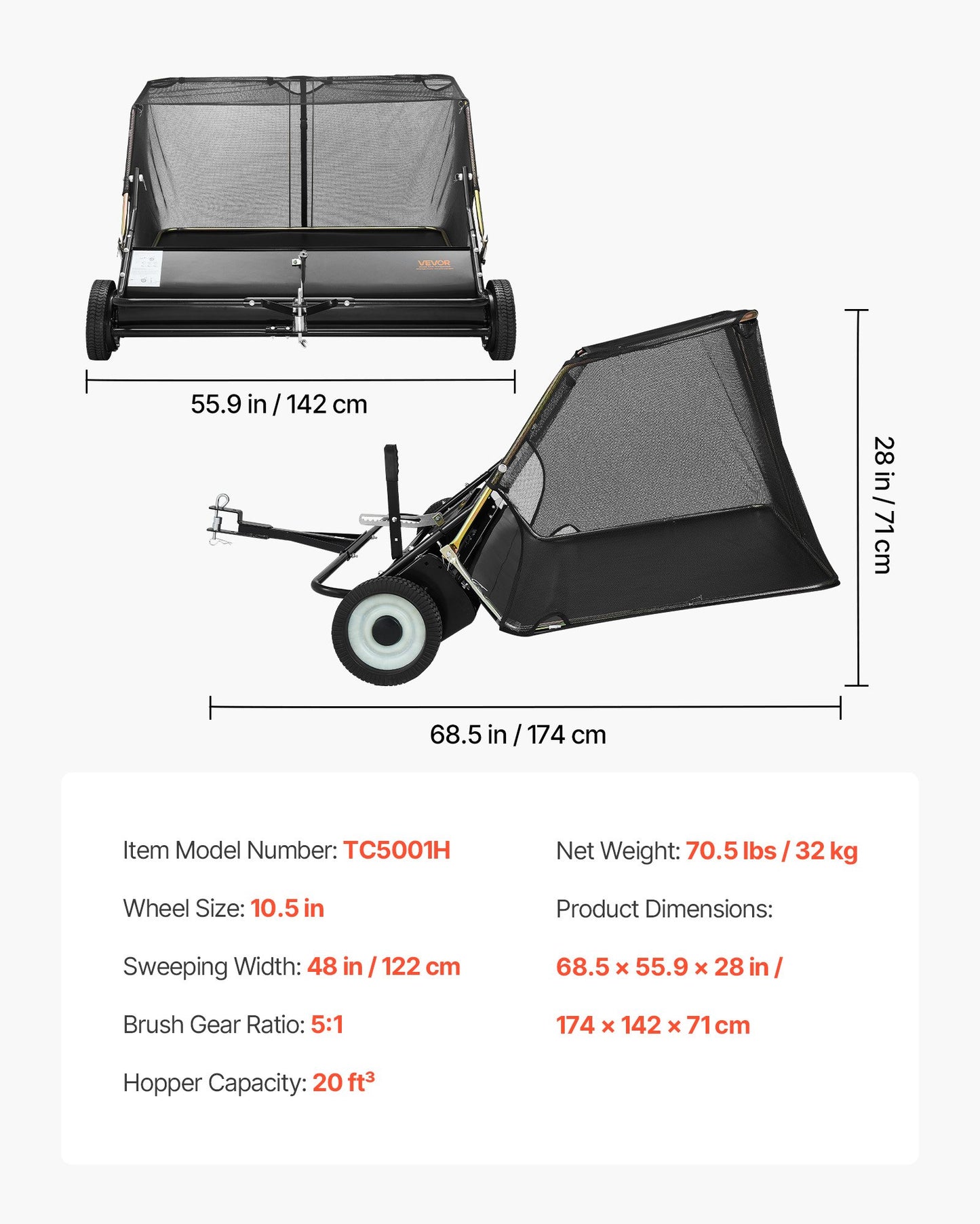 Tow Behind Lawn Sweeper, 48 in Pull Behind Yard Sweeper, 26 cu. ft Hopper Bag Capacity, Leaf & Grass Collector with Dumping Rope, Adjustable Sweeping Height, Garden Sweepers for Lawn Farm