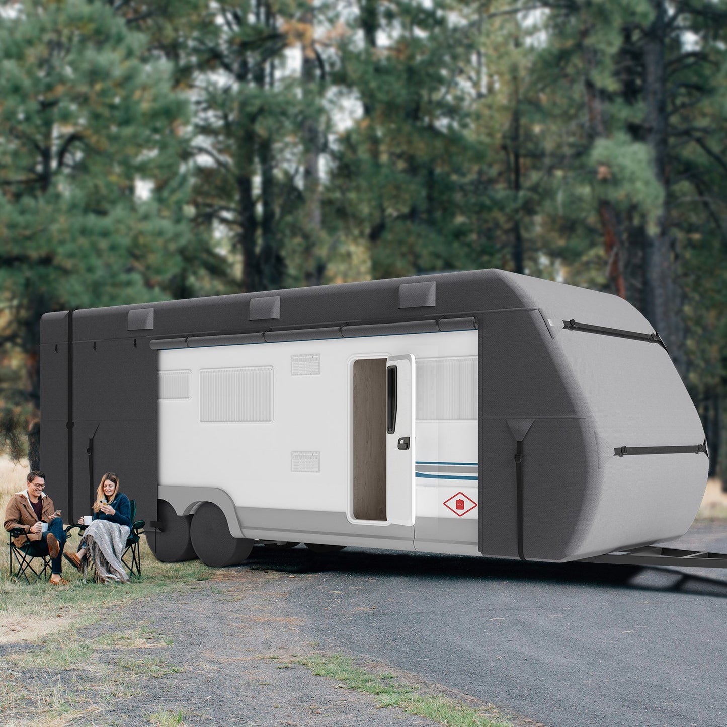 Travel Trailer Cover, 27-30 ft RV Cover, 4-Layer Non-Woven Fabric Camper Cover, Waterproof, Windproof and Rip-Stop Class A RV Cover, with Storage Bag, Repair Patches, Straps and Tire Covers