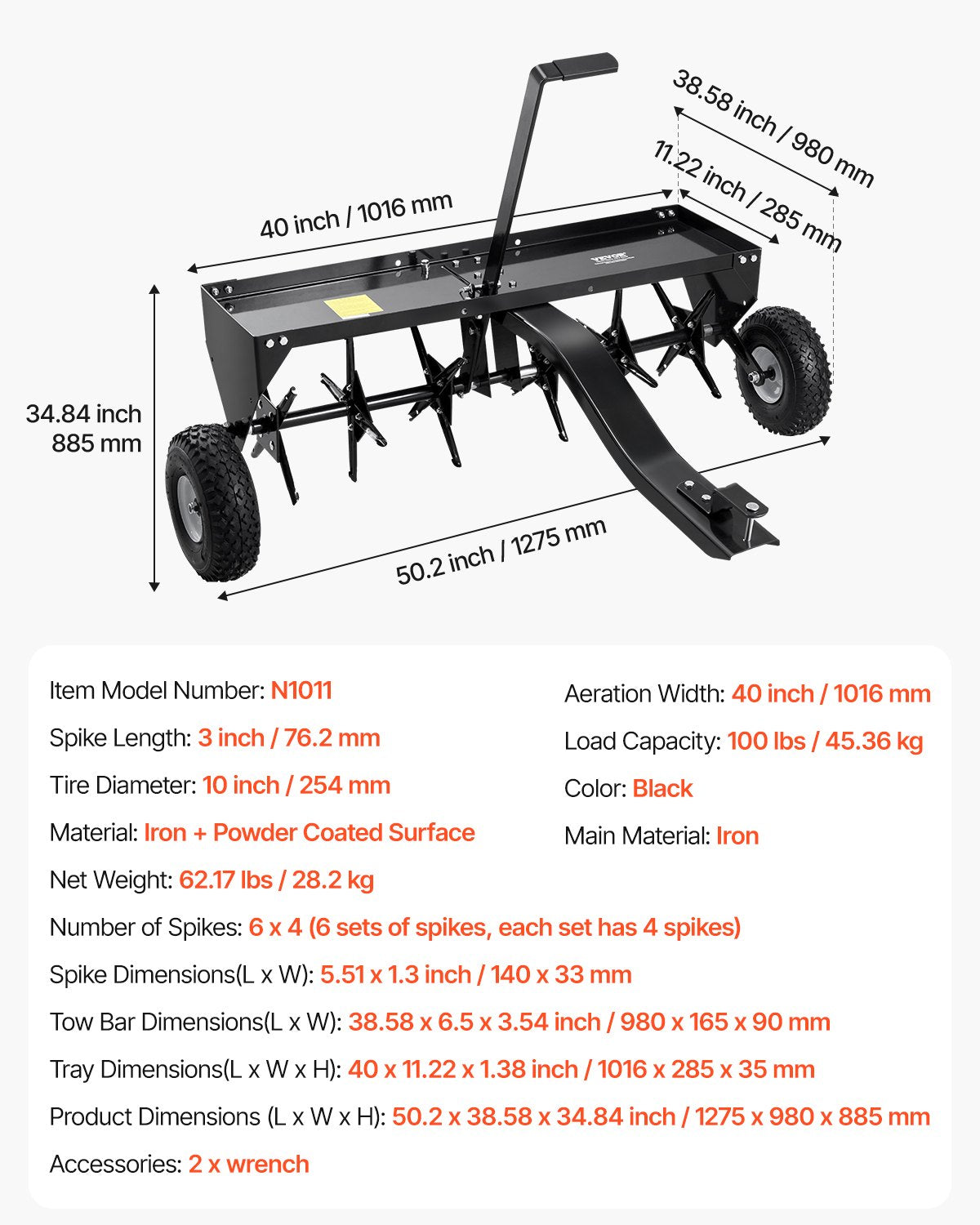Tow Behind Plug Aerator, 40-Inch Tow Behind Lawn Plug Aerator with Universal Hitch, Pull Behind Aerator with Iron Spikes Alternately Arranged, Lawn Aerator Tow Behind for Gardens, Lawns, Farms