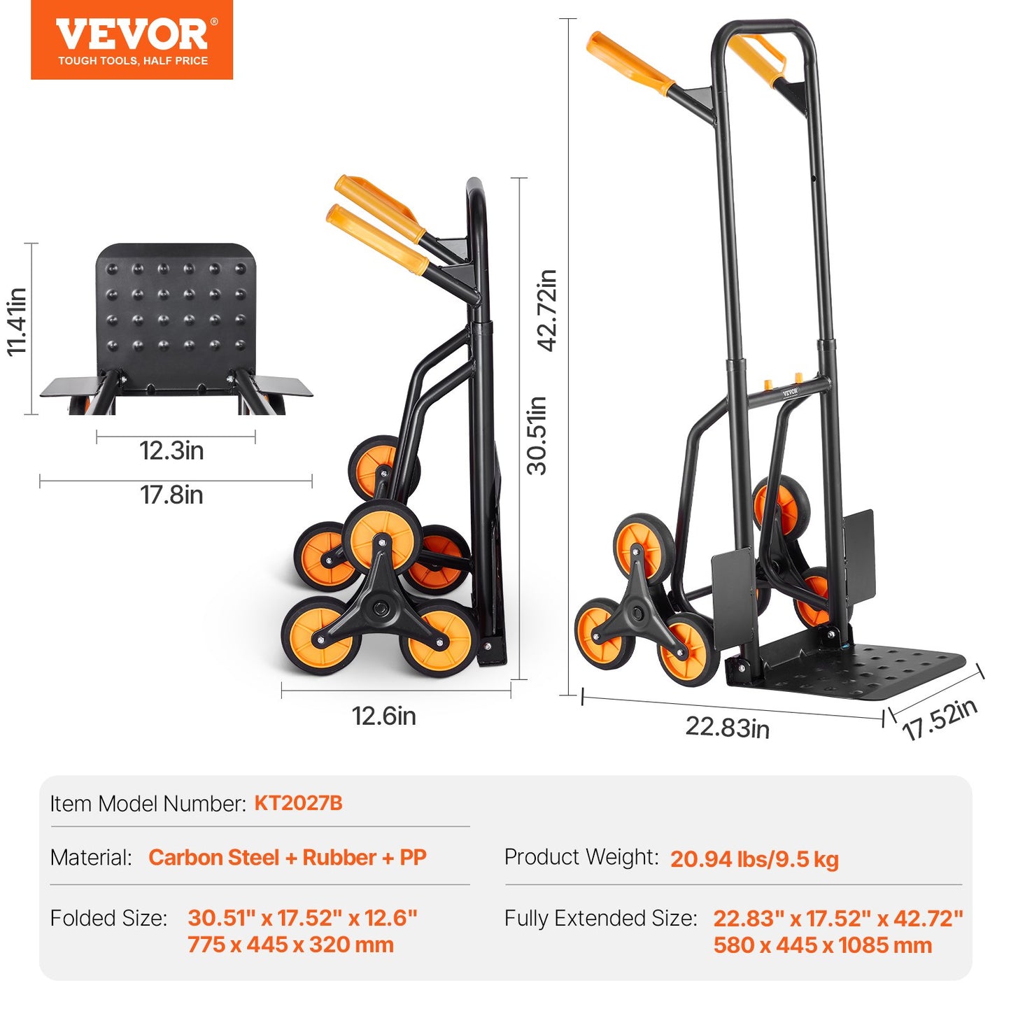 Stair Climbing Cart, 440 lbs Capacity Stair Climber Hand Truck and Dolly, Heavy-Duty Folding Trolley Cart with Dual Handle, 6 Wheels & 2 Elastic Ropes for Home Office Shopping Moving Warehouse