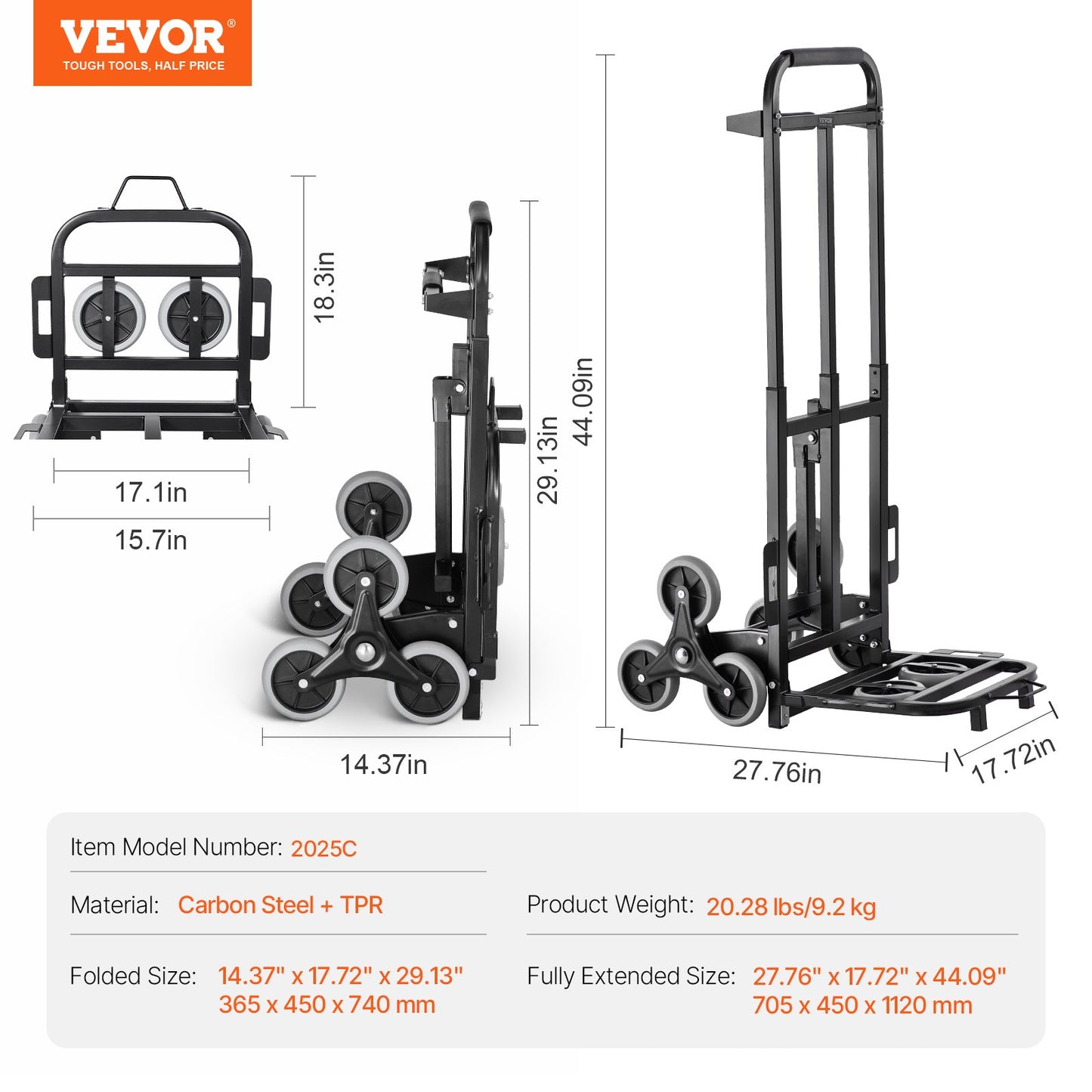 Stair Climbing Cart, 460 lbs Capacity Stair Climber Hand Truck and Dolly, Heavy-Duty Folding Trolley Cart with Dual Handle, 6 Wheels & 2 Elastic Ropes for Home Office Shopping Moving Warehouse