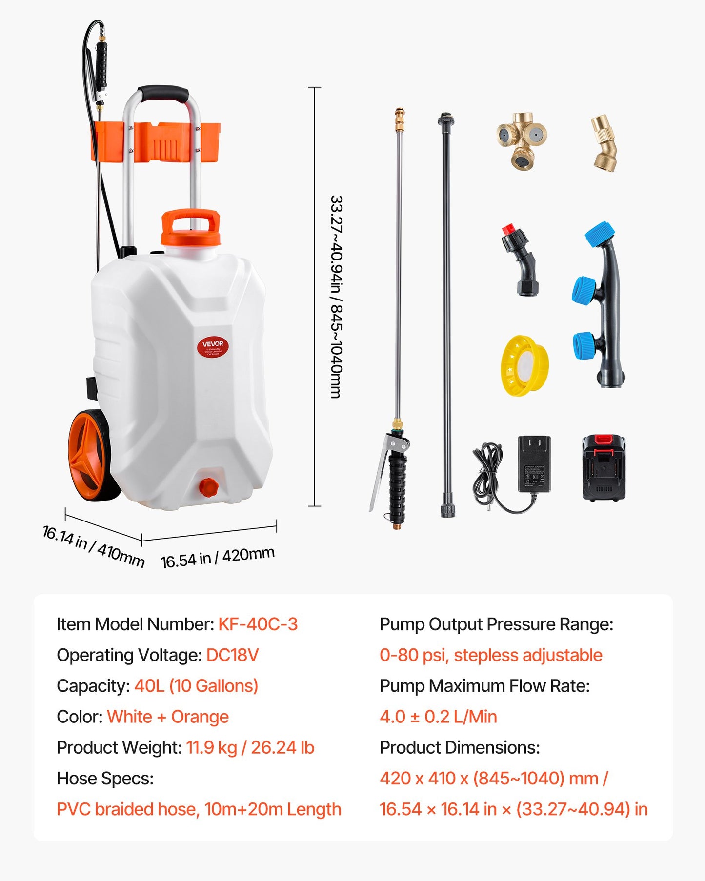 Battery-Powered Sprayer with Wheeled Cart, 10 Gallons Electric Weed Sprayer, Adjustable 0-80 PSI, Yard Lawn Sprayers with Wheels, 5 Nozzles & 98ft Hose, 3-6H Spray Time, for Weeding, Cleaning