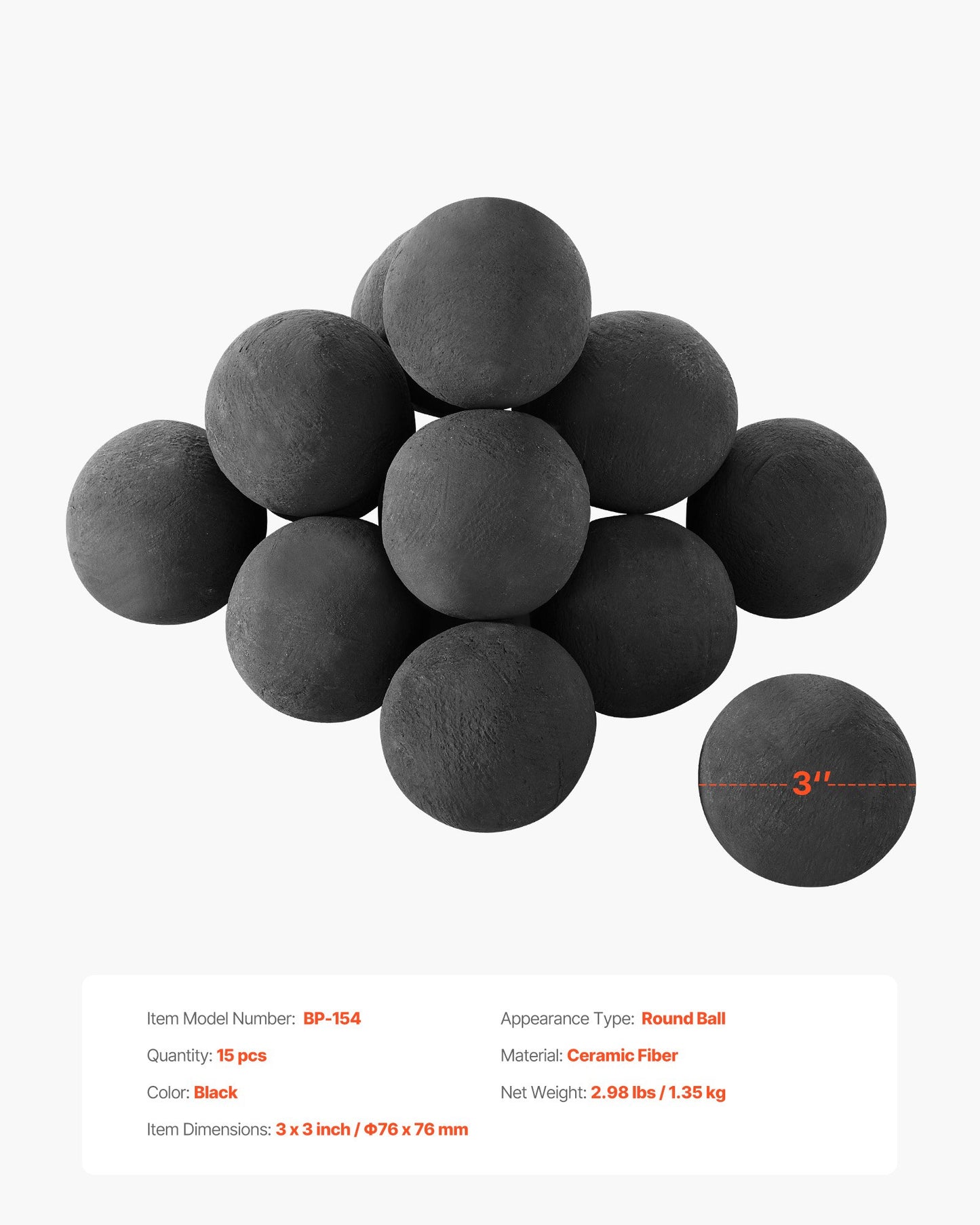 Ceramic Fire Balls, 3 Inch 15 Pcs Round Fire Stones, Reusable Lava Rocks Indoor and Outdoor Use, Decorative Fire Pit Rocks for Propane/Gas Fireplace, Stove, Courtyard, Camping, Black