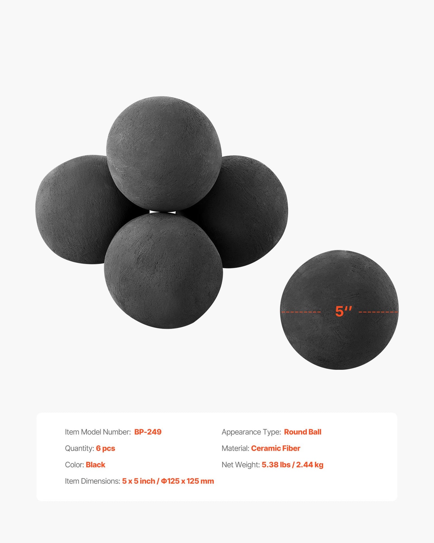 Ceramic Fire Balls, 5 Inch 6 Pcs Round Fire Stones, Reusable Lava Rocks Indoor and Outdoor Use, Decorative Fire Pit Rocks for Propane/Gas Fireplace, Stove, Courtyard, Camping, Black