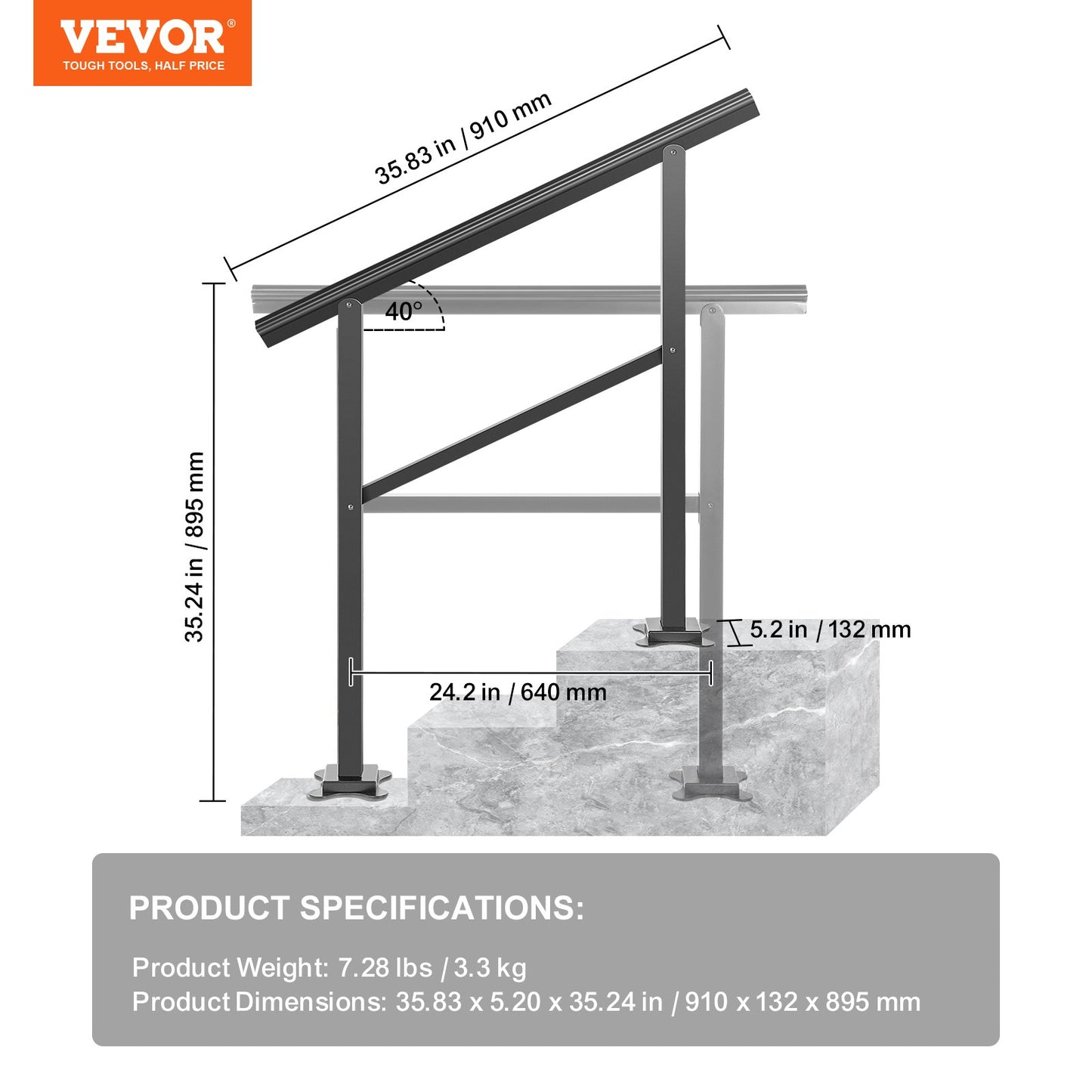 Outdoor Handrail 165LBS Load Handrail Outdoor Stairs Aluminum Stair Handrail 36 x 35" Outdoor Stair Railing Transitional Range from 0 to 30° Staircase Handrail Fits 2-3 Steps with Screw Kit
