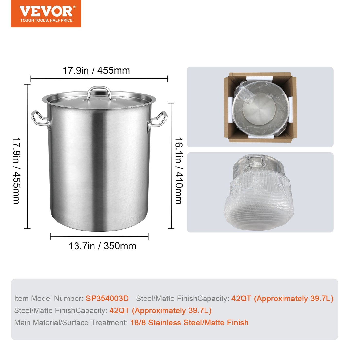 Stainless Steel Stockpot, 42 Quart Large Cooking Pots, Multipurpose Cookware Sauce Pot with Lid & Handle, Heavy Duty Commercial Grade Stock Pot, Sanding Treatment, for Large Groups Events Silver