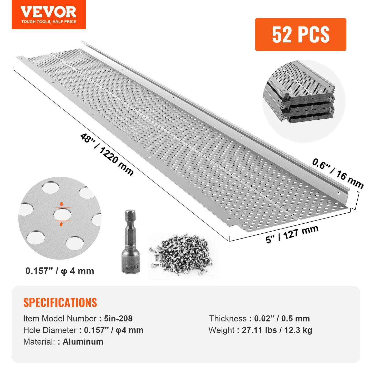 Gutter Guard, 5 inch Width, Aluminum Leaf Filter DIY Gutter Cover, 52 PCS 208 ft Total Length, 0.157'' Hole Diameter & 0.02'' Thick Raptor Gutter Guards Fits Any Roof or Gutter Type