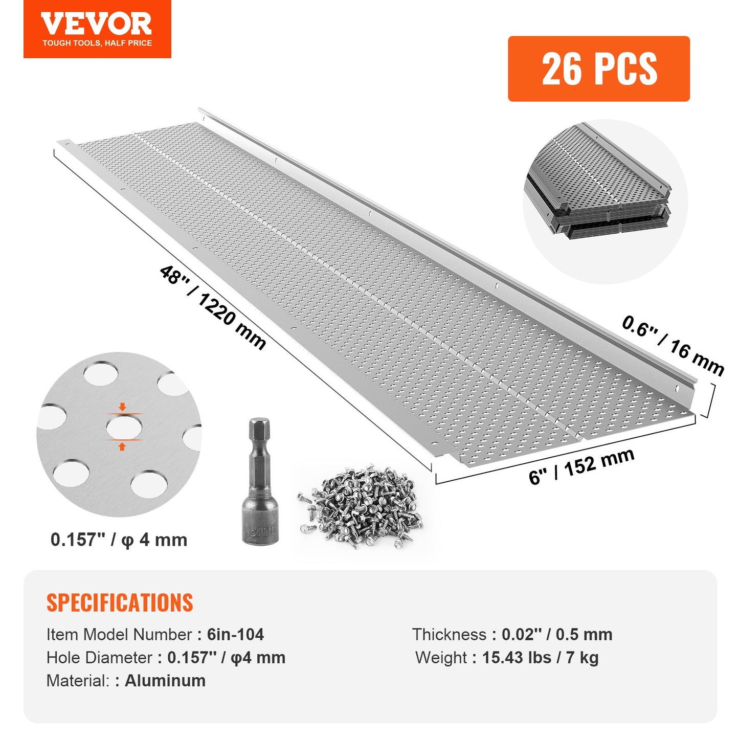 Gutter Guard, 6 inch Width, Aluminum Leaf Filter DIY Gutter Cover, 26 PCS 104 ft Total Length, 0.157'' Hole Diameter & 0.02'' Thick Raptor Gutter Guards Fits Any Roof or Gutter Type