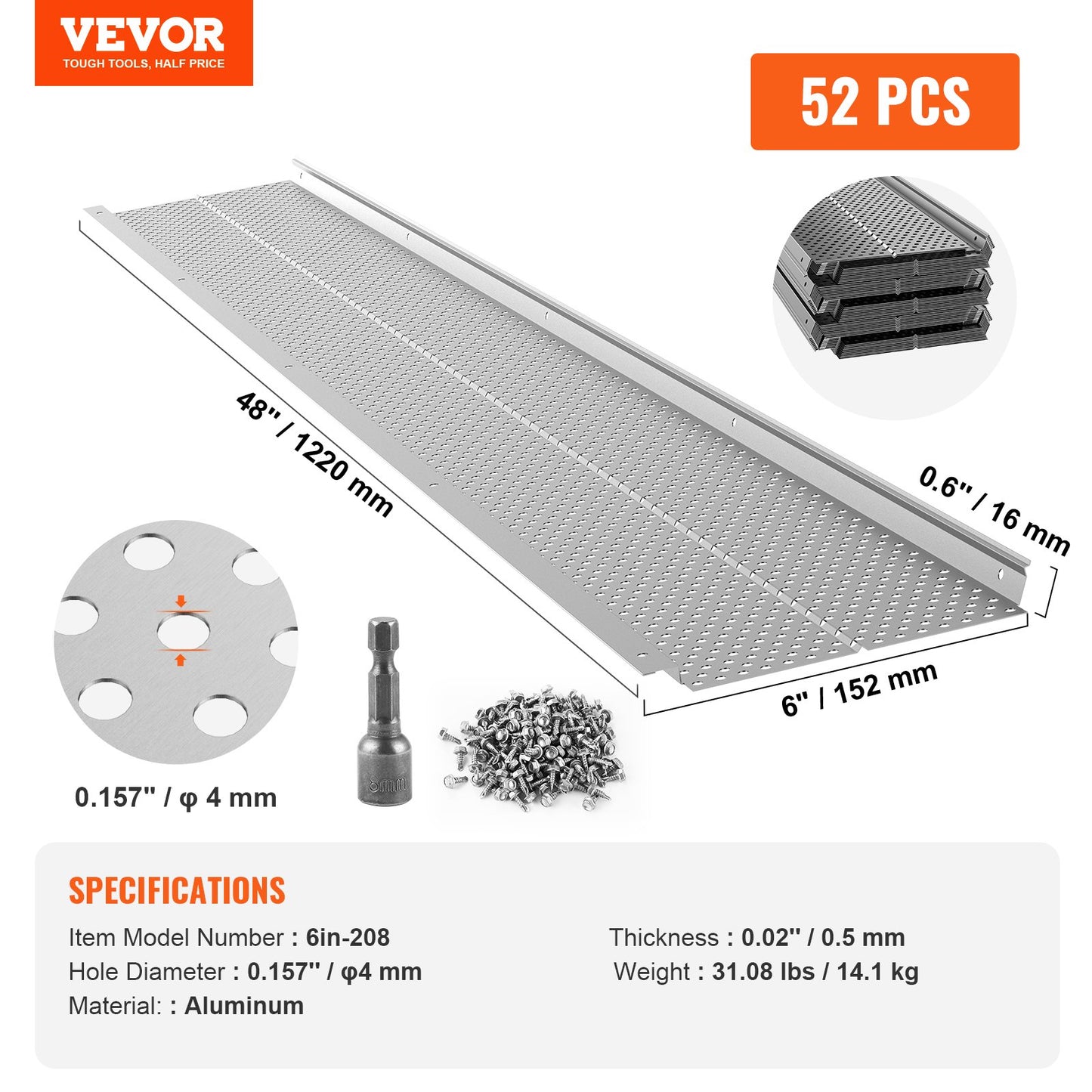 Gutter Guard, 6 inch Width, Aluminum Leaf Filter DIY Gutter Cover, 52 PCS 208 ft Total Length, 0.157'' Hole Diameter & 0.02'' Thick Raptor Gutter Guards Fits Any Roof or Gutter Type