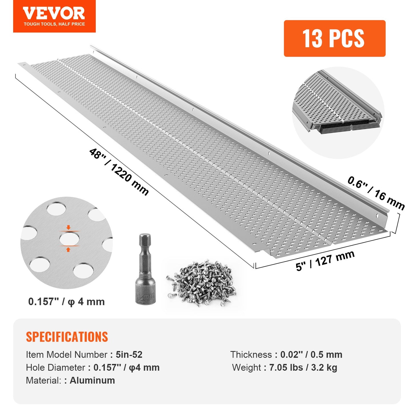 Gutter Guard, 5 inch Width, Aluminum Leaf Filter DIY Gutter Cover, 13 PCS 52 ft Total Length, 0.157'' Hole Diameter & 0.02'' Thick Raptor Gutter Guards Fits Any Roof or Gutter Type