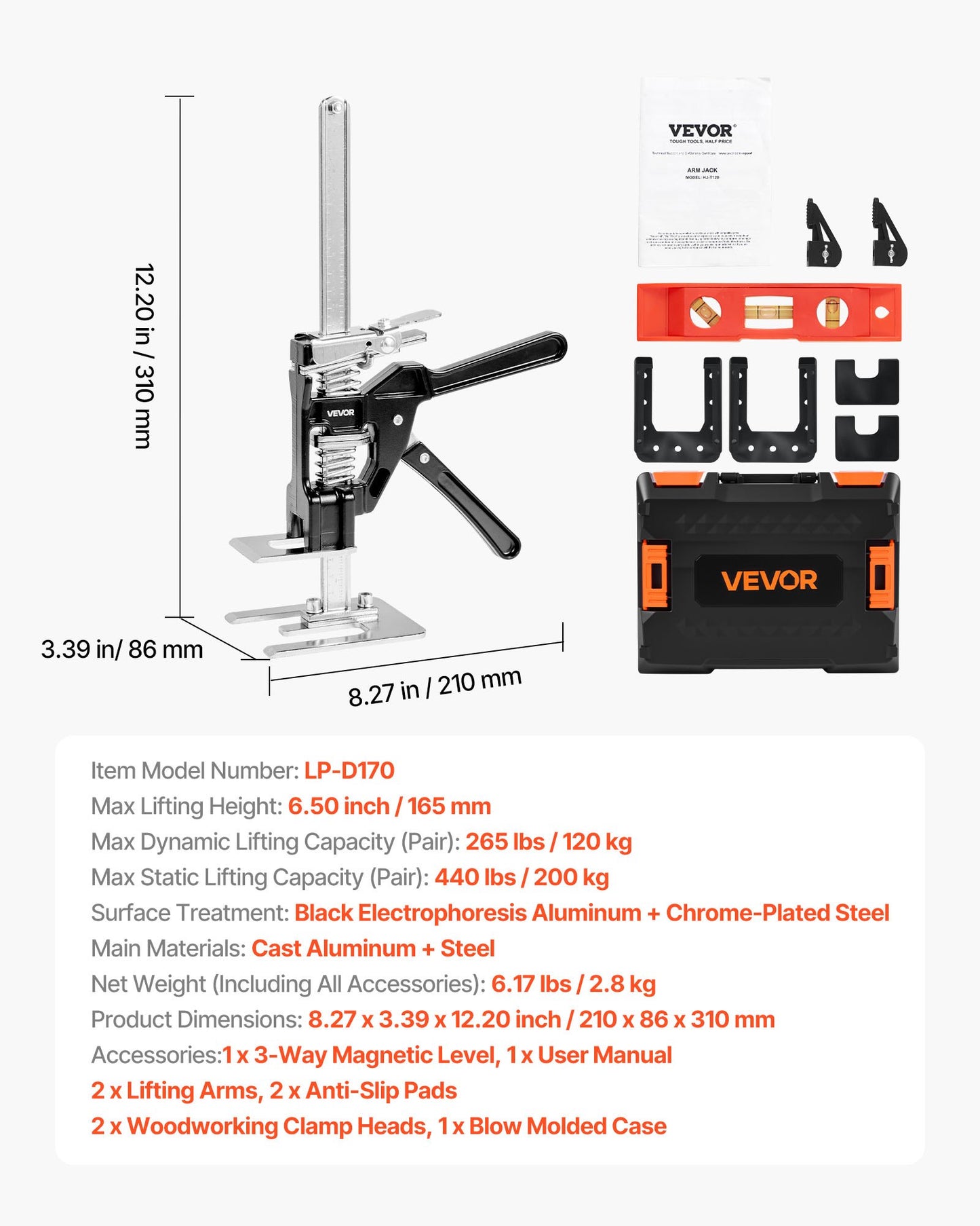 Labor Saving Arm Jack, 2 PCS 440 lbs Bearing Capacity, Lifting up to 6.5", Metal Hand Lifting Jack Tool with Magnetic Level, 2 Adjustment Modes, for Door, Window, Furniture, Woodworking, Black