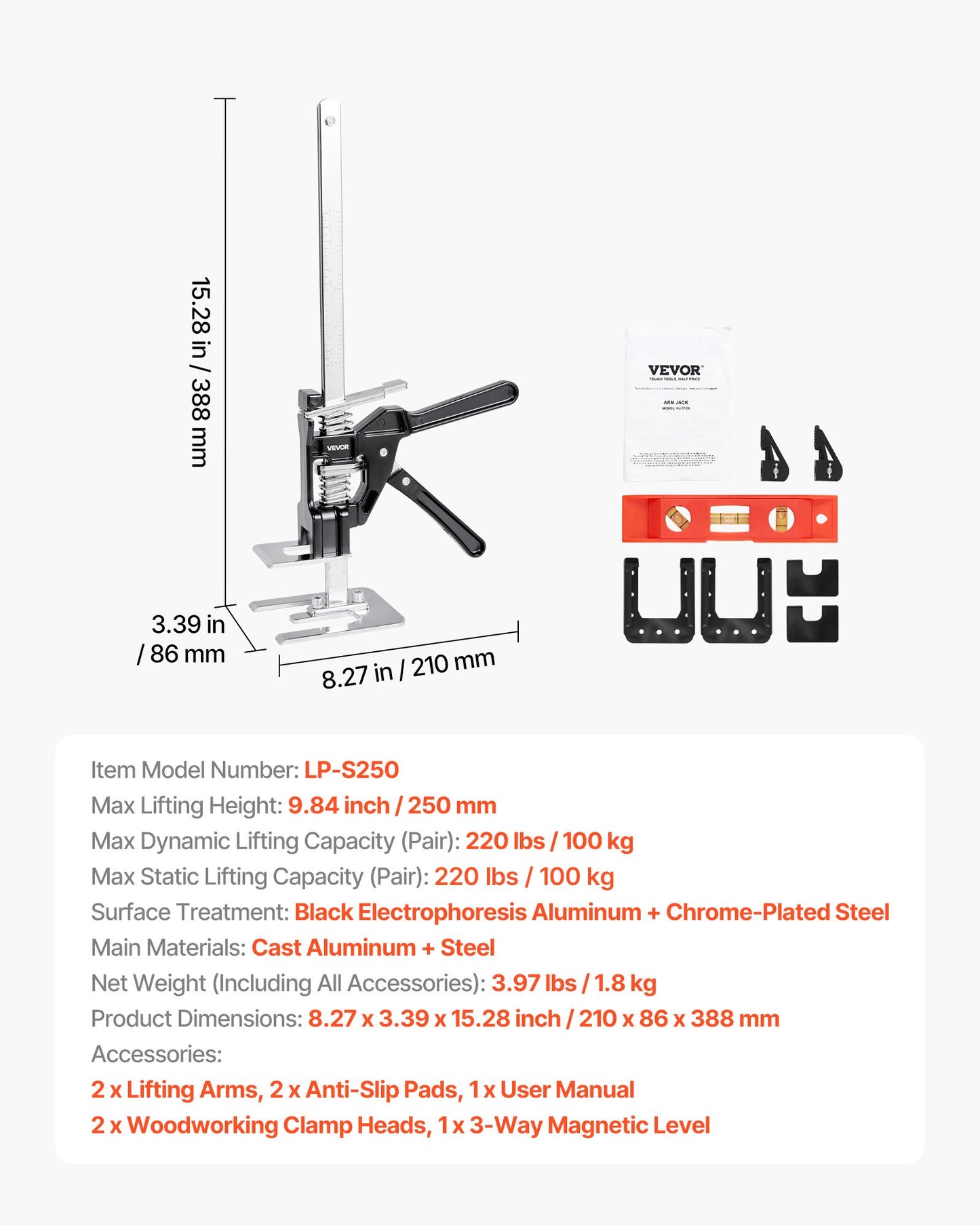 Labor Saving Arm Jack, 2 PCS 330 lbs Bearing Capacity, Lifting up to 9.8", Metal Hand Lifting Jack Tool with Magnetic Level, Adjustable Height, for Door, Window, Furniture, Woodworking, Black