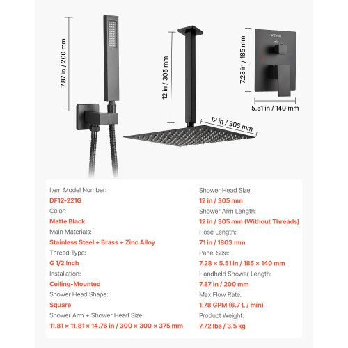 Duschmischer-Set 30 cm quadratischer Regenduschkopf und Handbrause-Set mattschwarz | EU