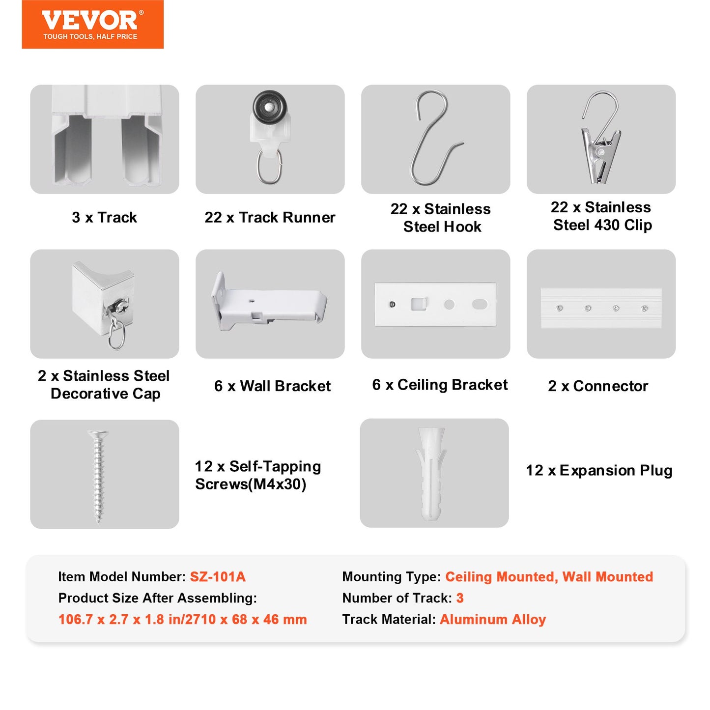 Ceiling Curtain Track Set, 8.9 FT/2.7 Meter, Sliding Ceiling Track System for Curtains, Room Divider Curtain Track Ceiling/Wall Mounted for Living Room Bedroom with Hooks and Hardware, White