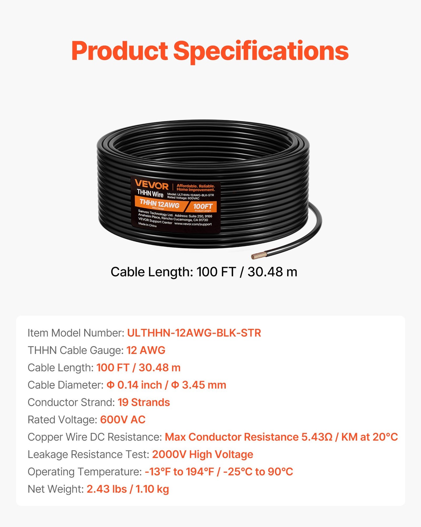 12 AWG THHN Wire, 19-Stranded, 100% OFC Copper Electrical Building Wire with Nylon Jacket, Rated for Up to 600 Volts, for Indoor Outdoor Use, Commercial, Industrial, Residential, Black (100 ft)