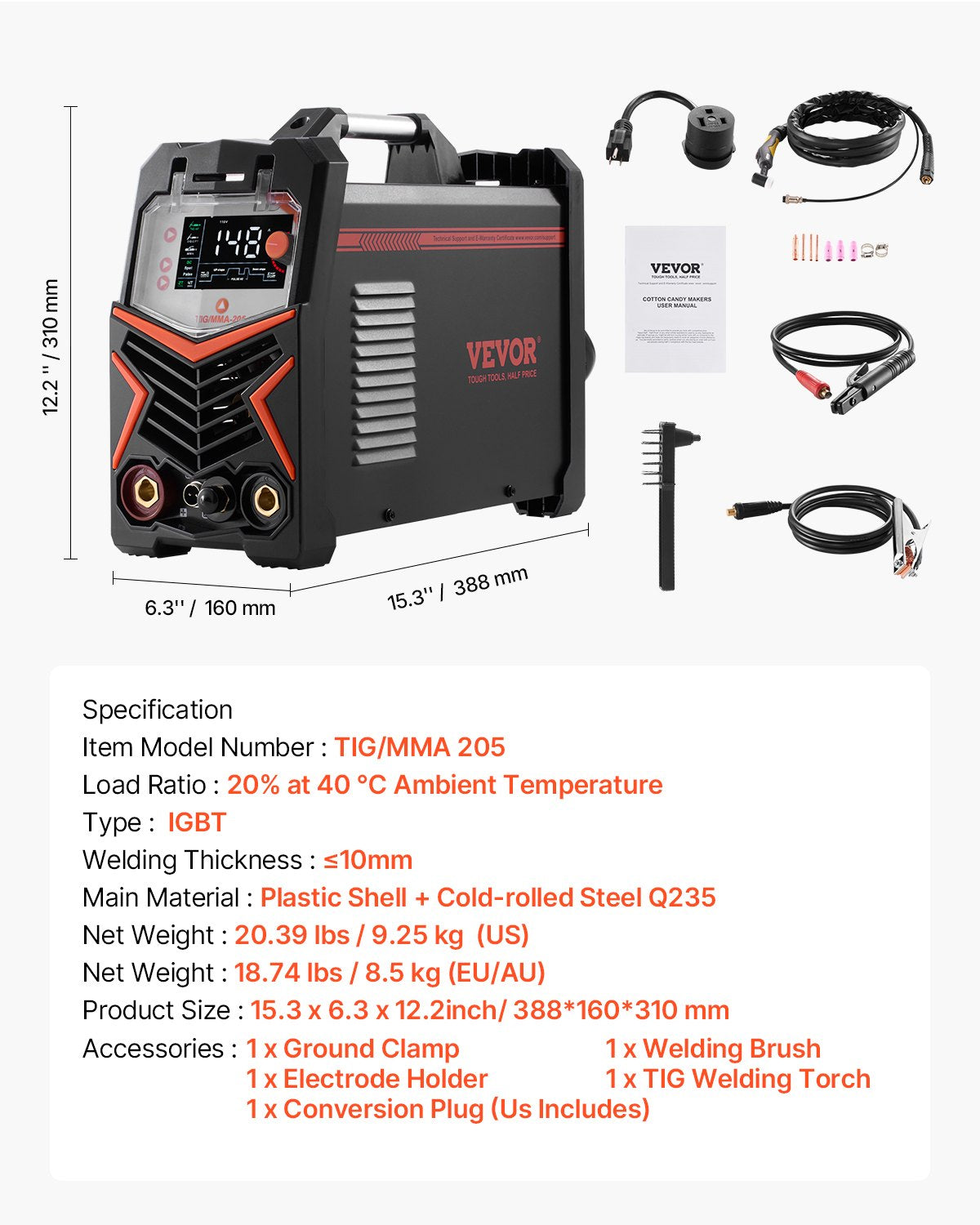 TIG Welder, 205A 3-In-1 Welding Machine (Large LED Display)- DC TIG/DC Pulse TIG/MMA(Stick), 110&220V Dual Voltage Electric Welder with IGBT Inverter High-Frequency Start
