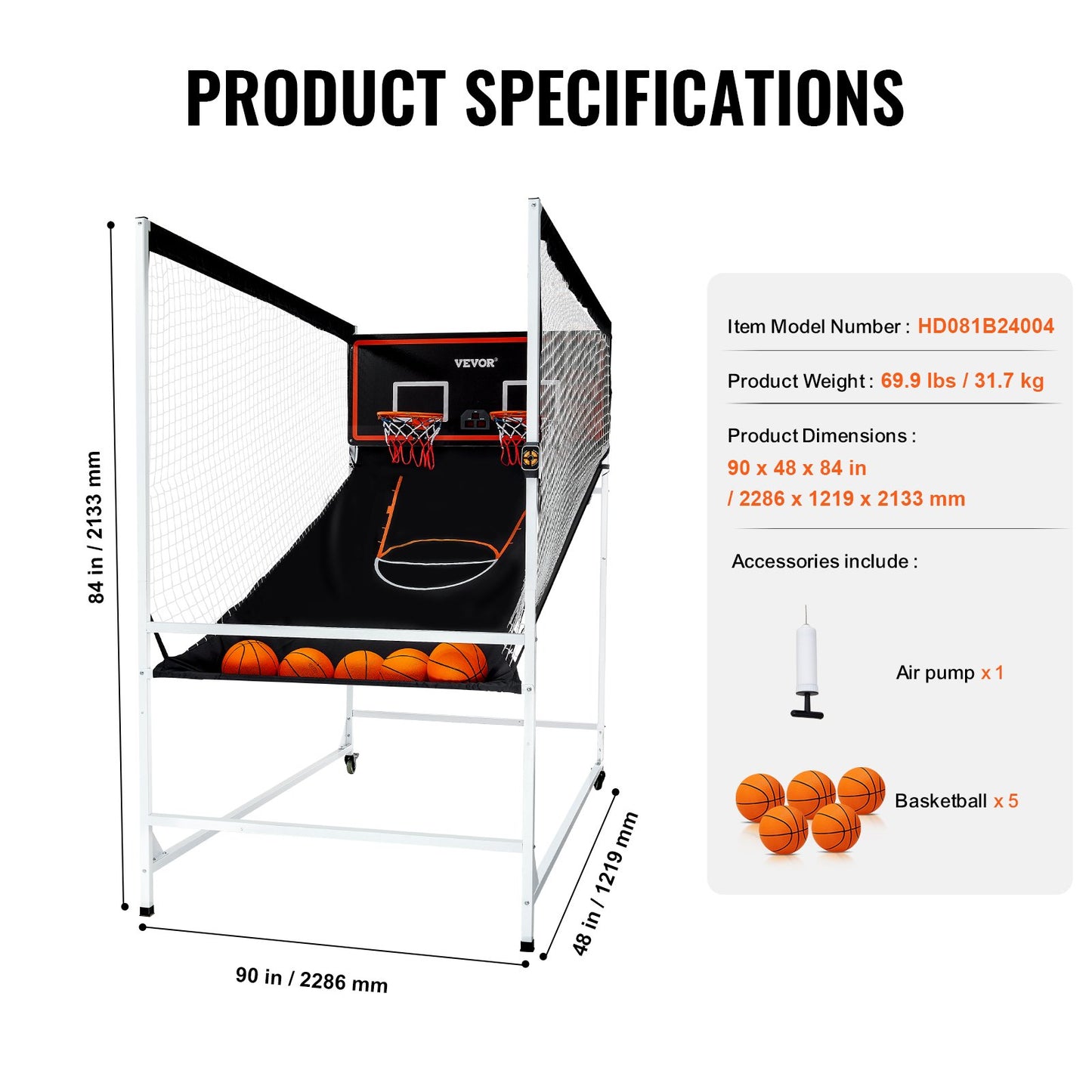 Arcade Cage Basketball Game, 2 Player Indoor Basketball Game, Home Dual Shot Sport with 5 Balls, 8 Game Modes, Electronic Scoreboard, and Inflation Pump, for Kids, Adults (Black & White)