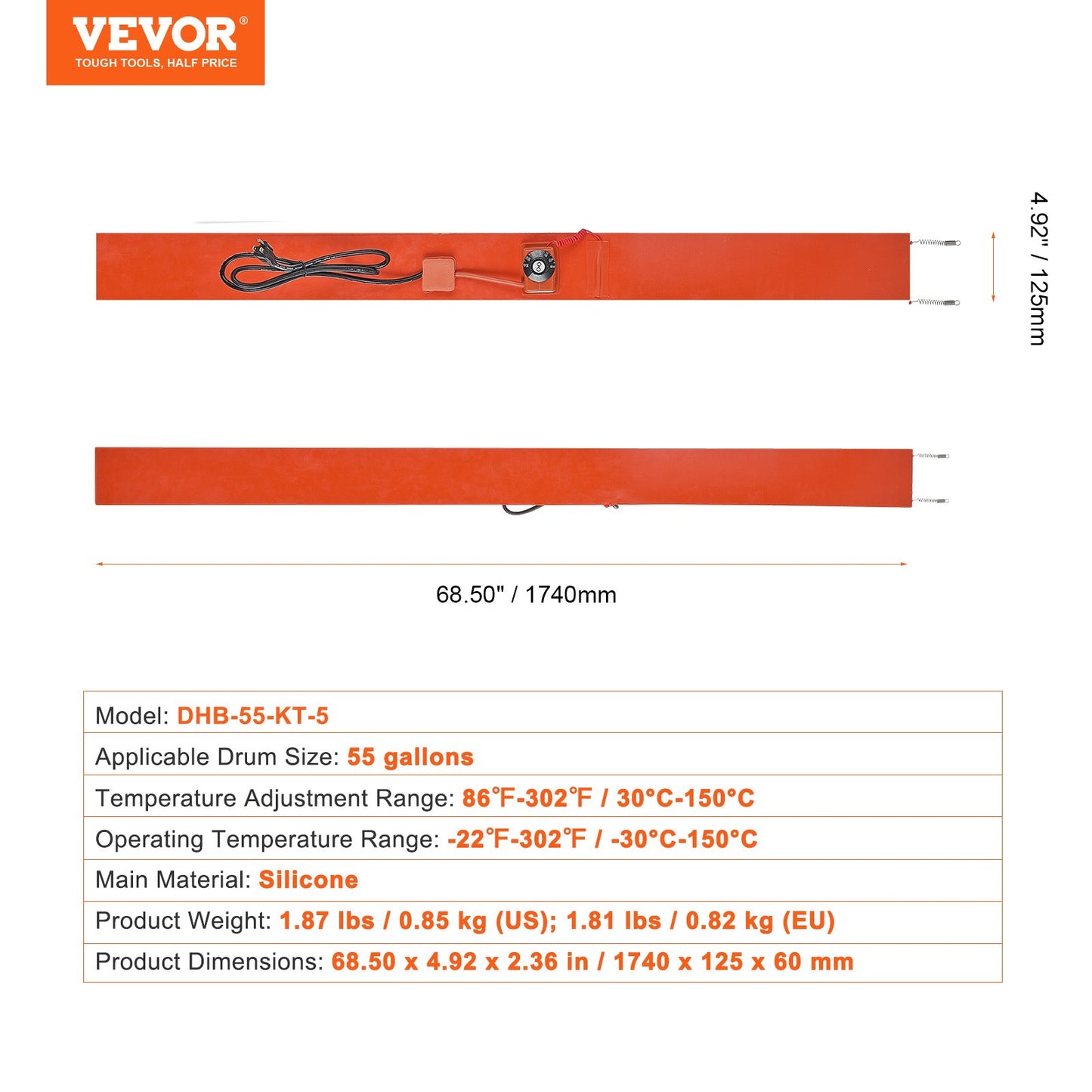 Metal Drum Heater, 1200 Watt 5 inch Width, Pail Heating Band for 55 Gallon Barrel, 86-302℉ Adjustable Thermostat, High Efficiency Silicone Grease Keg Heater, FCC Listed Orange