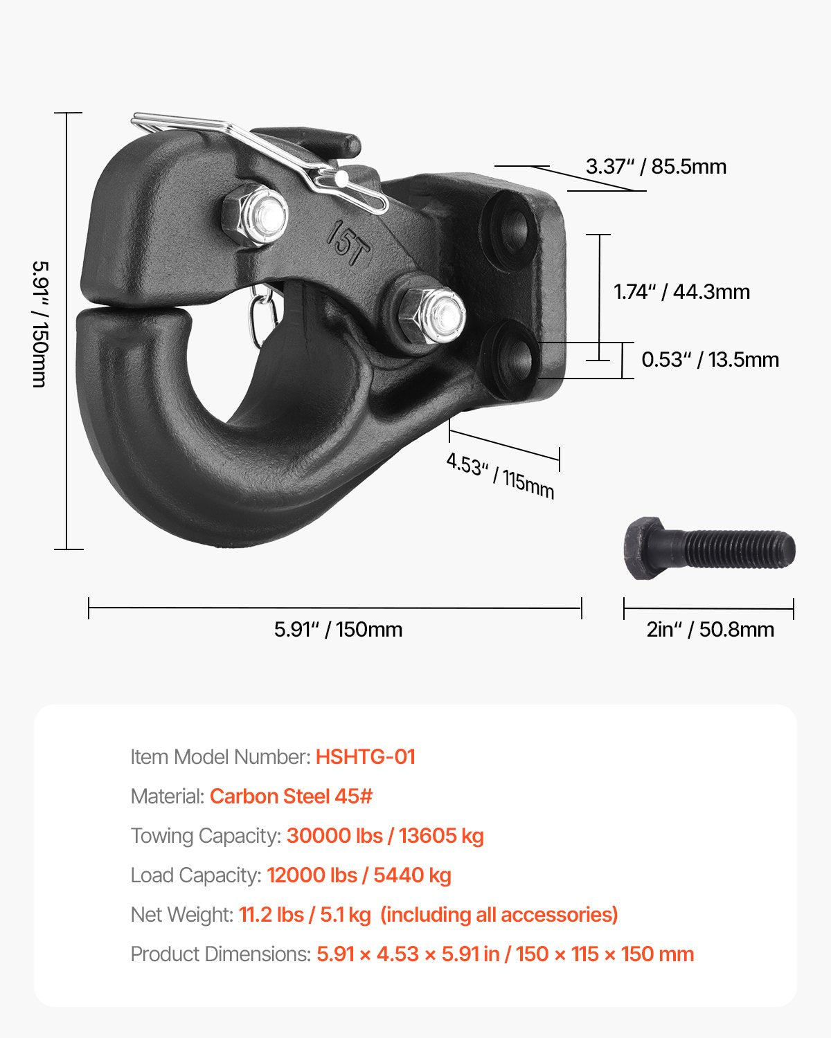 Pintle Hook, 30000 lbs Towing Capacity, Trailer Hitches Receiver Hook Fits for 2.5 to 3-inch Lunette Ring with Mounting Kit, Wear-resistant, Black Powder Coat, Suitable for Various Vehicles