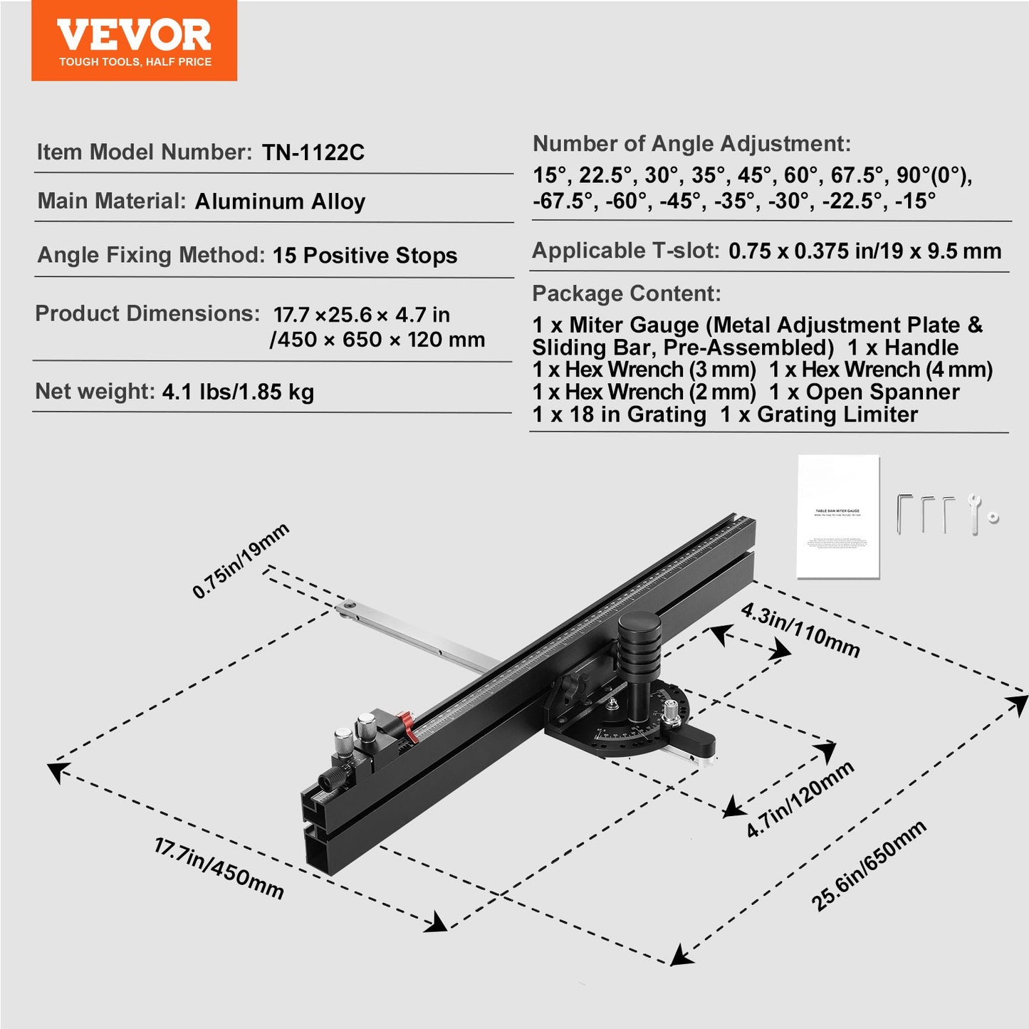 Precision Miter Gauge, Standard Slot 3/4'' x 3/8'', Aluminum Alloy Table Saw Miter Gauge with 24 in Grating 15 Angle Stops Adjustable Spring Loaded Plunger and Removable Disc, for Woodworking