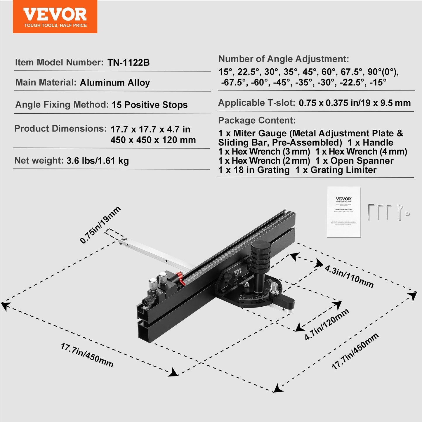 Precision Miter Gauge, Standard Slot 3/4'' x 3/8'', Aluminum Alloy Table Saw Miter Gauge with 18 in Grating 15 Angle Stops Adjustable Spring Loaded Plunger and Removable Disc, for Woodworking