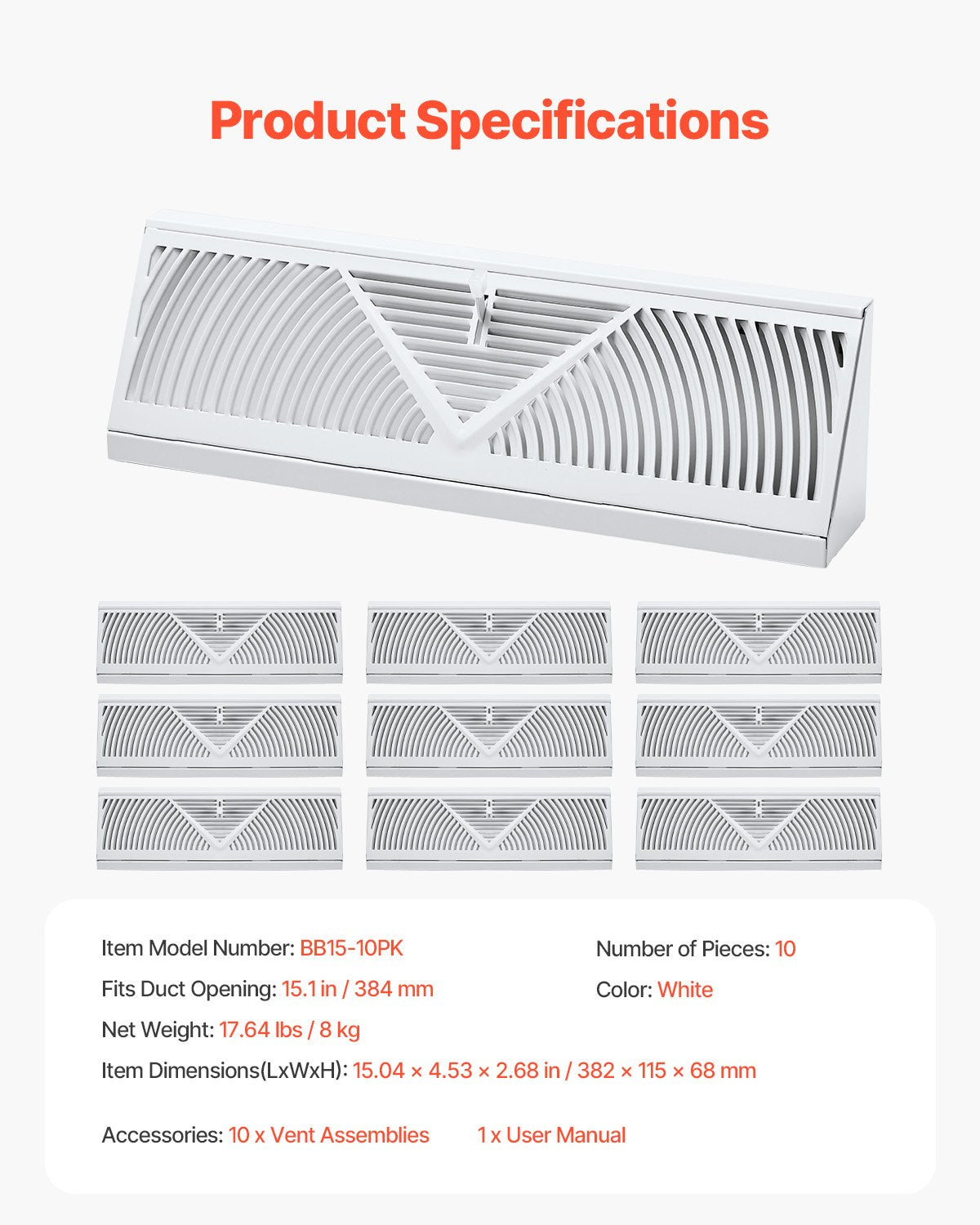 15-Inch Floor Registers, 10-Pack Baseboard Registers, HVAC Heavy-Duty Walkable Iron Floor Vents, Rustproof Anti-Peeling Air Vents Deflector Adjustable with Metal Damper for Home & Office, White