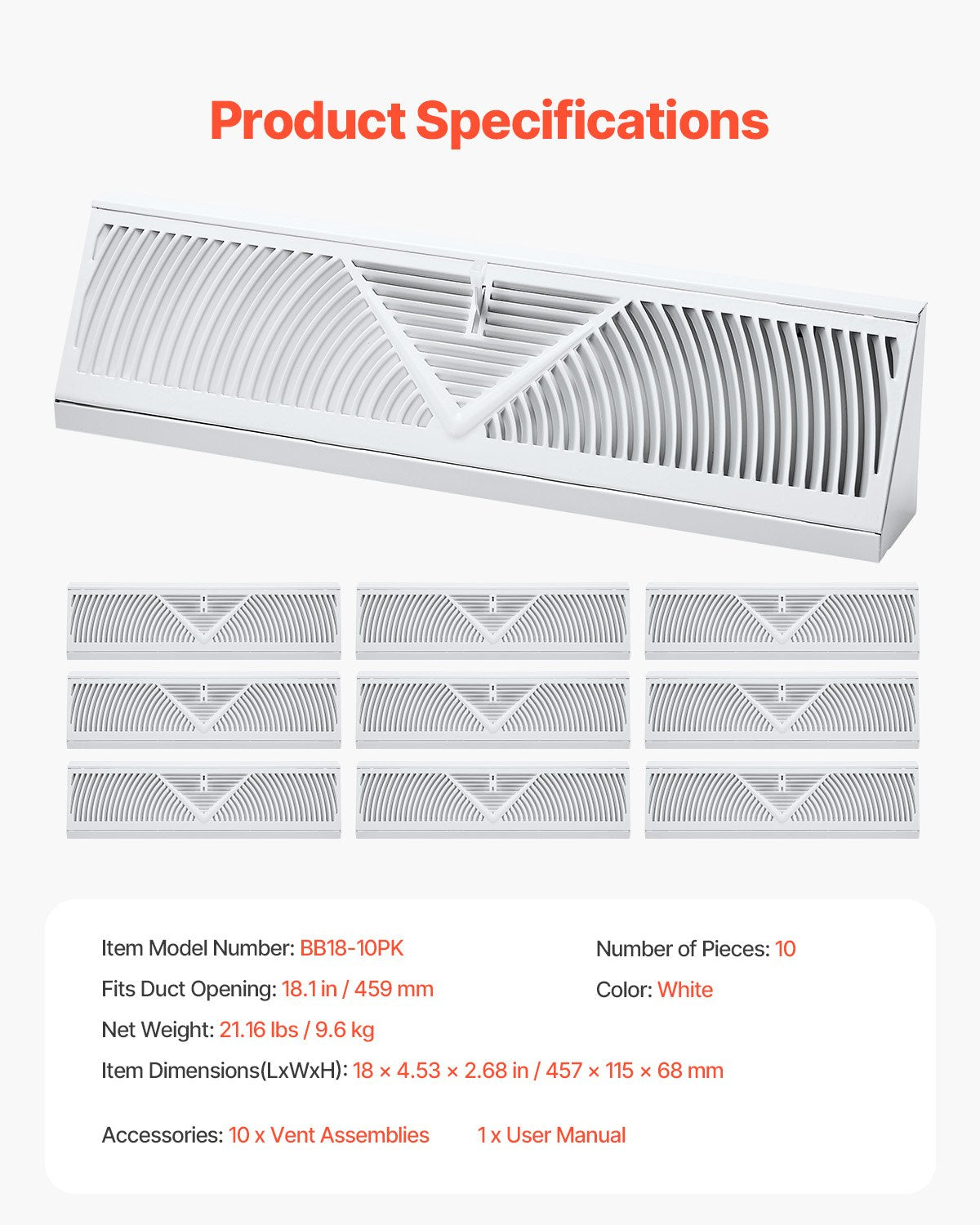 18-Inch Floor Registers, 10-Pack Baseboard Registers, HVAC Heavy-Duty Walkable Iron Floor Vents, Rustproof Anti-Peeling Air Vents Deflector Adjustable with Metal Damper for Home & Office, White