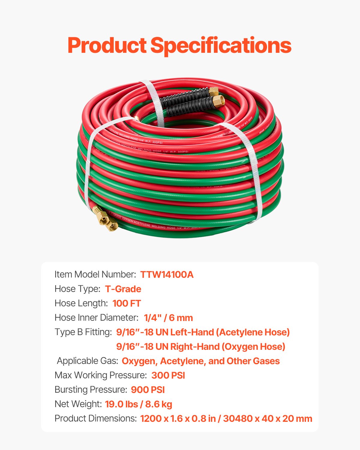 Oxygen Acetylene Hose, 1/4-Inch x 100FT Oxy Acetylene Hose with 9/16"-18 B Fitting, 300PSI T Grade Welding Cutting Torch Twin Hose, Compatible with Oxygen, Acetylene, Propane and Other Fuel Gases