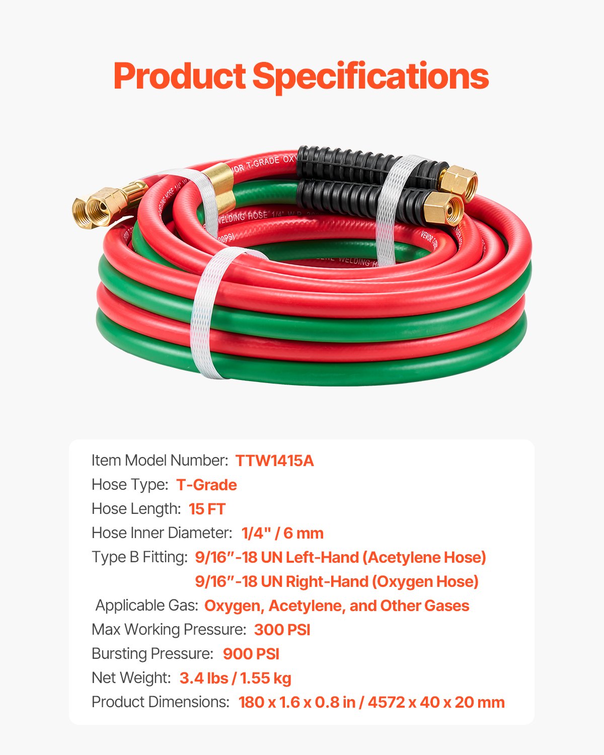 Oxygen Acetylene Hose, 1/4-Inch x 15FT Oxy Acetylene Hose with 9/16"-18 B Fitting, 300PSI T Grade Welding Cutting Torch Twin Hose, Compatible with Oxygen, Acetylene, Propane and Other Fuel Gases