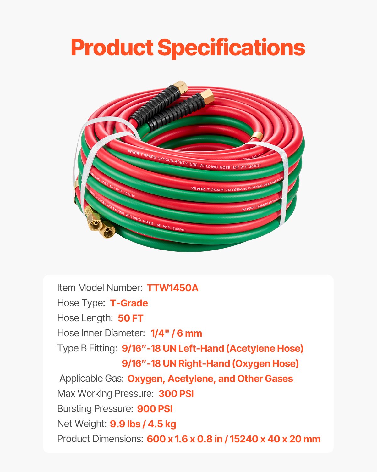 Oxygen Acetylene Hose, 1/4-Inch x 50FT Oxy Acetylene Hose with 9/16"-18 B Fitting, 300PSI T Grade Welding Cutting Torch Twin Hose, Compatible with Oxygen, Acetylene, Propane and Other Fuel Gases