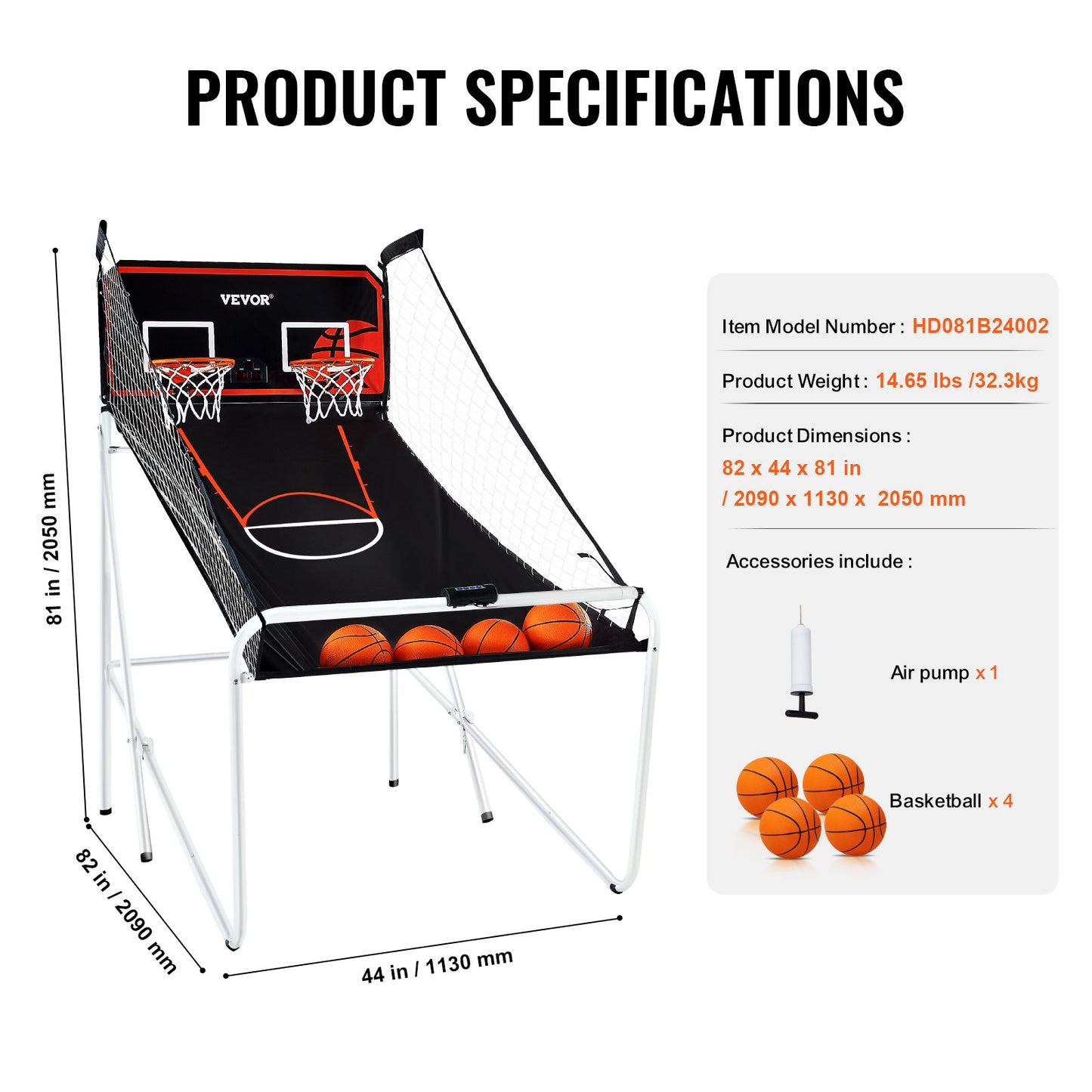 Foldable Basketball Arcade Game, 2 Player Indoor Basketball Game, Home Dual Shot Sport with 4 Balls, 8 Game Modes, Electronic Scoreboard, and Inflation Pump, for Kids, Adults (Black & White)