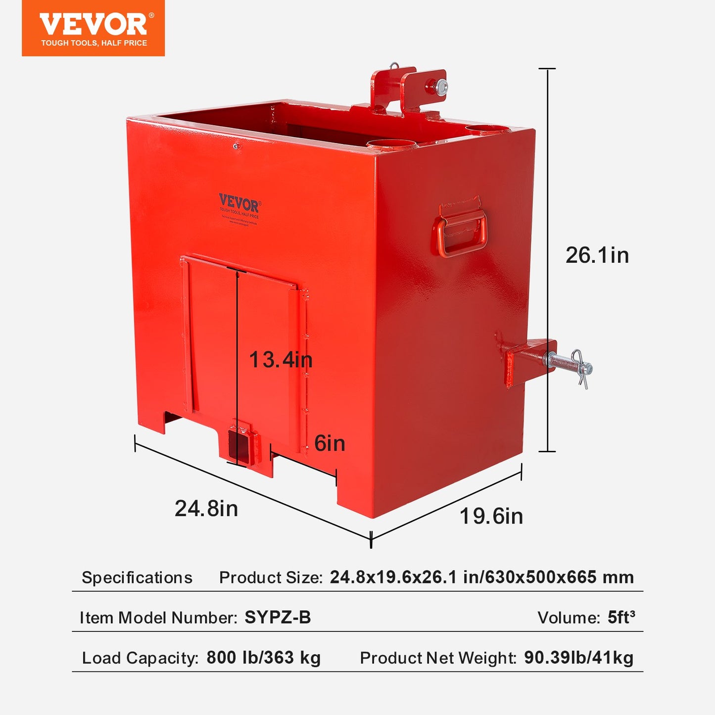 Ballast Box 3 Point Category 1 Tractor, 800lbs Capacity Hitch Ballast Box, for 2'' Hitch Receiver, Tractor Ballast Box with 5cu.ft Volume, Heavy-duty Steel, Red