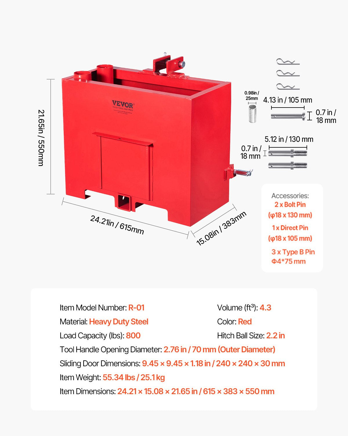 Ballast Box, 3-Point Category 1 Tractor Ballast of 800lbs Capacity, for 2 Inch Hitch Receiver, Heavy-Duty Steel 4.3 ft³ Large Volume Loader Attachment with Sliding Door, Red