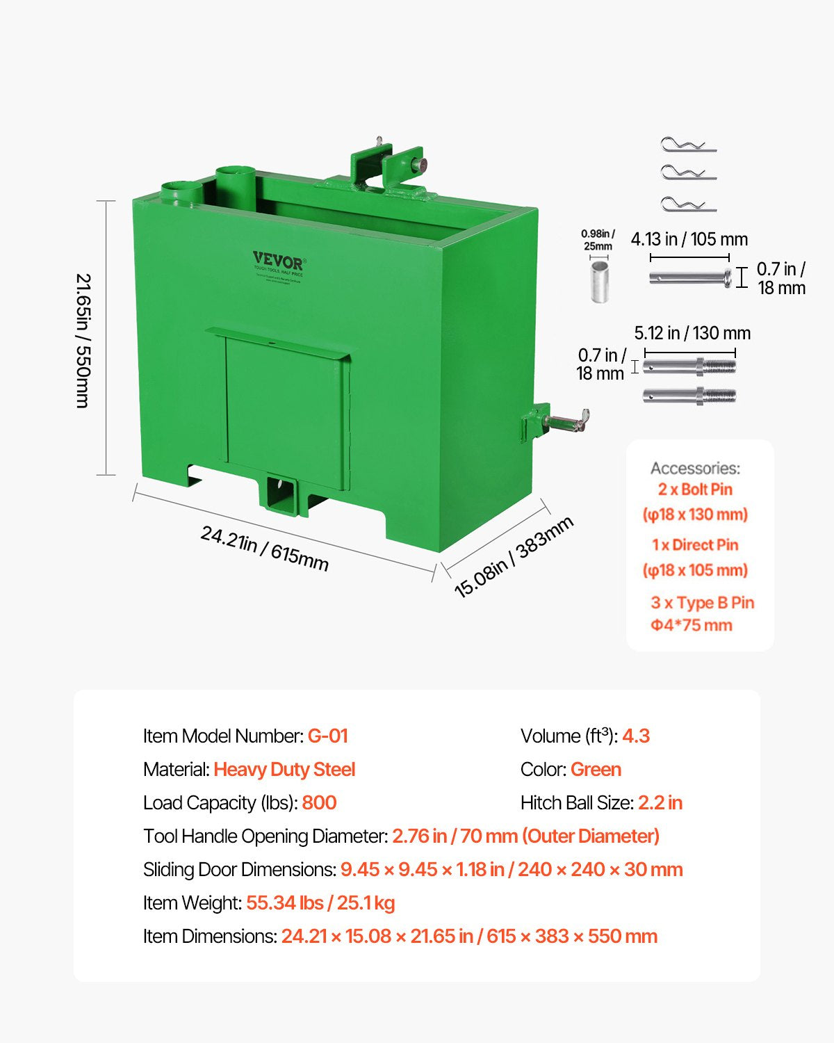 Ballast Box, 3-Point Category 1 Tractor Ballast of 800lbs Capacity, for 2 Inch Hitch Receiver, Heavy-Duty Steel 4.3 ft³ Large Volume Loader Attachment with Sliding Door, Green