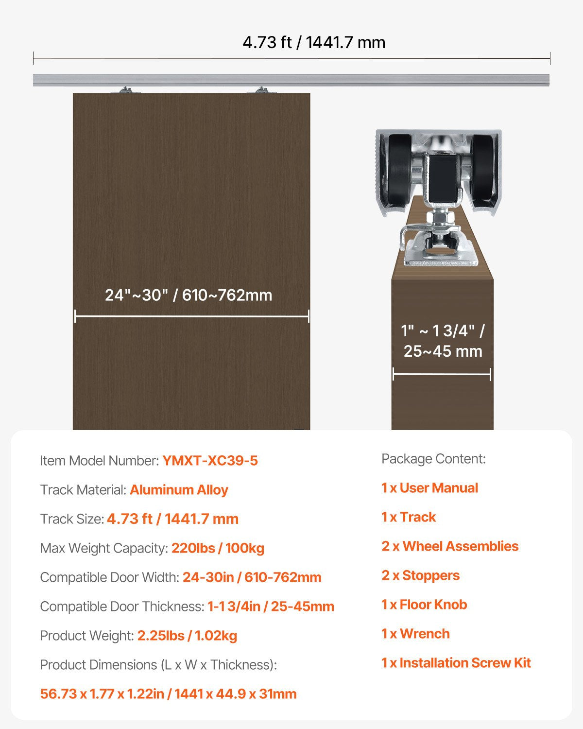Sliding Pocket Door Hardware Track Kit, 4.73 ft Heavy Duty Pocket Door Hardware Kit, Commercial Grade Pocket Door Hardware and Track Set for 24"-30" Wide Single Door, Smoothly and Easy to Install