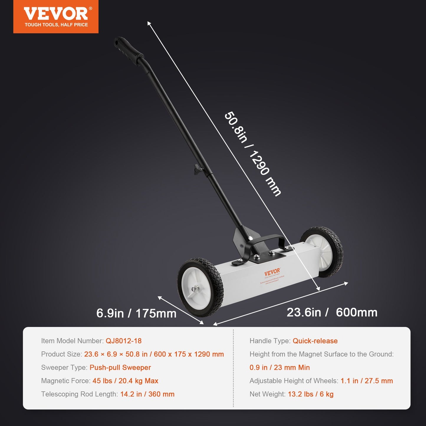 45Lbs Rolling Magnetic Sweeper with Wheels, Push-Type Magnetic Pick Up Sweeper, 18-inch Large Magnet Pickup Lawn Sweeper, Magnet with Telescoping Handle, Easy Cleanup of Workshop Garage Yard