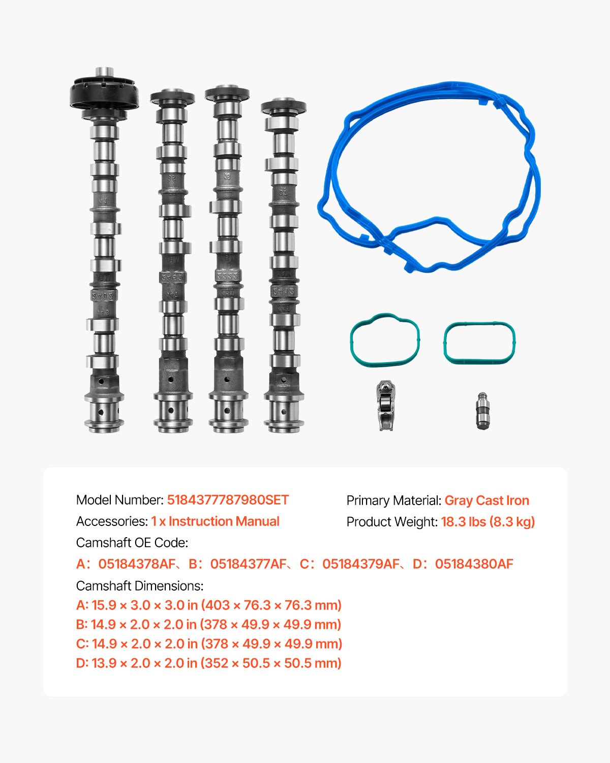 Engine Camshafts Rockers Arm Lifters Kit, Cam Replacement for 2011-2016 Jeep Cherokee/Wrangler/Grand Cherokee, 2011-2016 Dodge Caravan/Journey/Durango