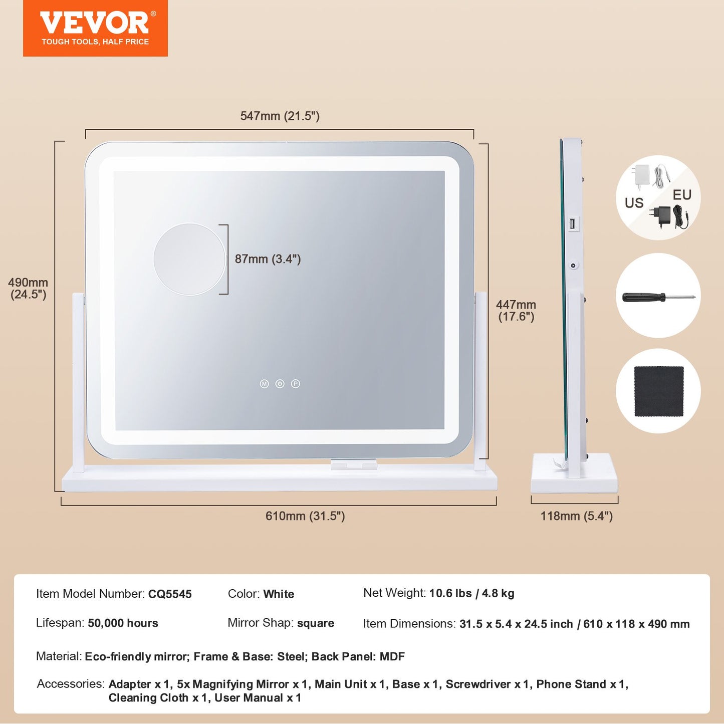 Vanity Mirror with Lights, Three Color Lighting Modes, Lighted Makeup LED Mirror, and 5X Magnification,USB Port, Smart Touch Control, 360°Rotation (21.7x17.7 in, White)