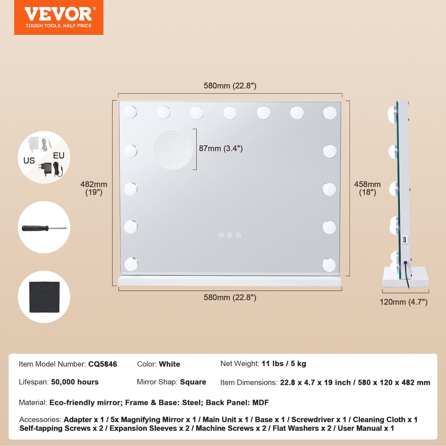 Hollywood Vanity Mirror With Lights,15 Dimmable Bulbs &3 Color Lighting Modes, Makeup Mirror w/ Detachable 5X Magnification,USB Port,Smart Touch Control,Desktop Wall-mount(22.8x18.1 in, White)