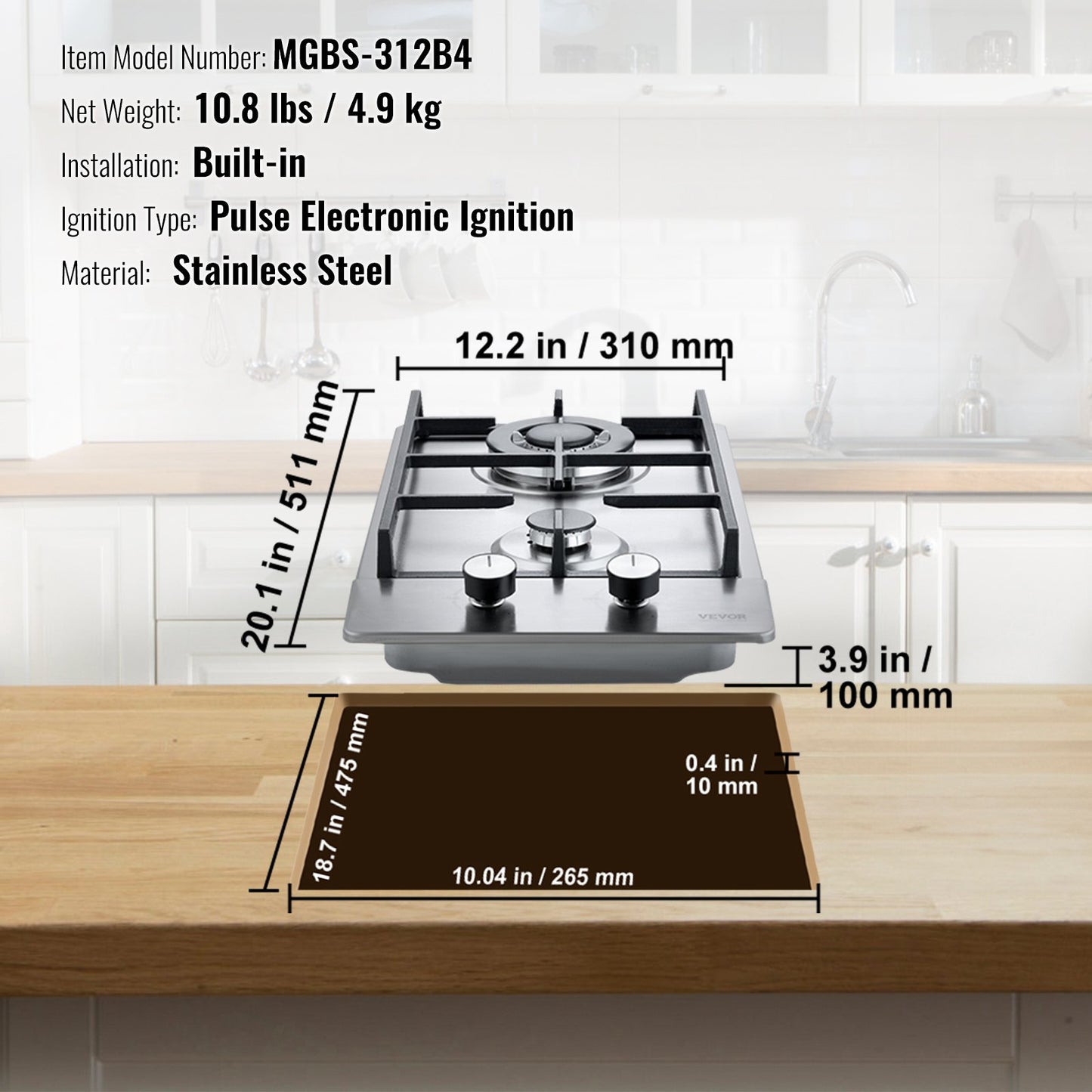 Gas Cooktop 12 inch, Max 12250BTU 2 Burners Built-in Stainless Steel Gas Stove Top, LPG/NG Convertible Dual Fuel Natural Gas Hob with Thermocouple Protection for Outdoor, Kitchen, Camping, RV