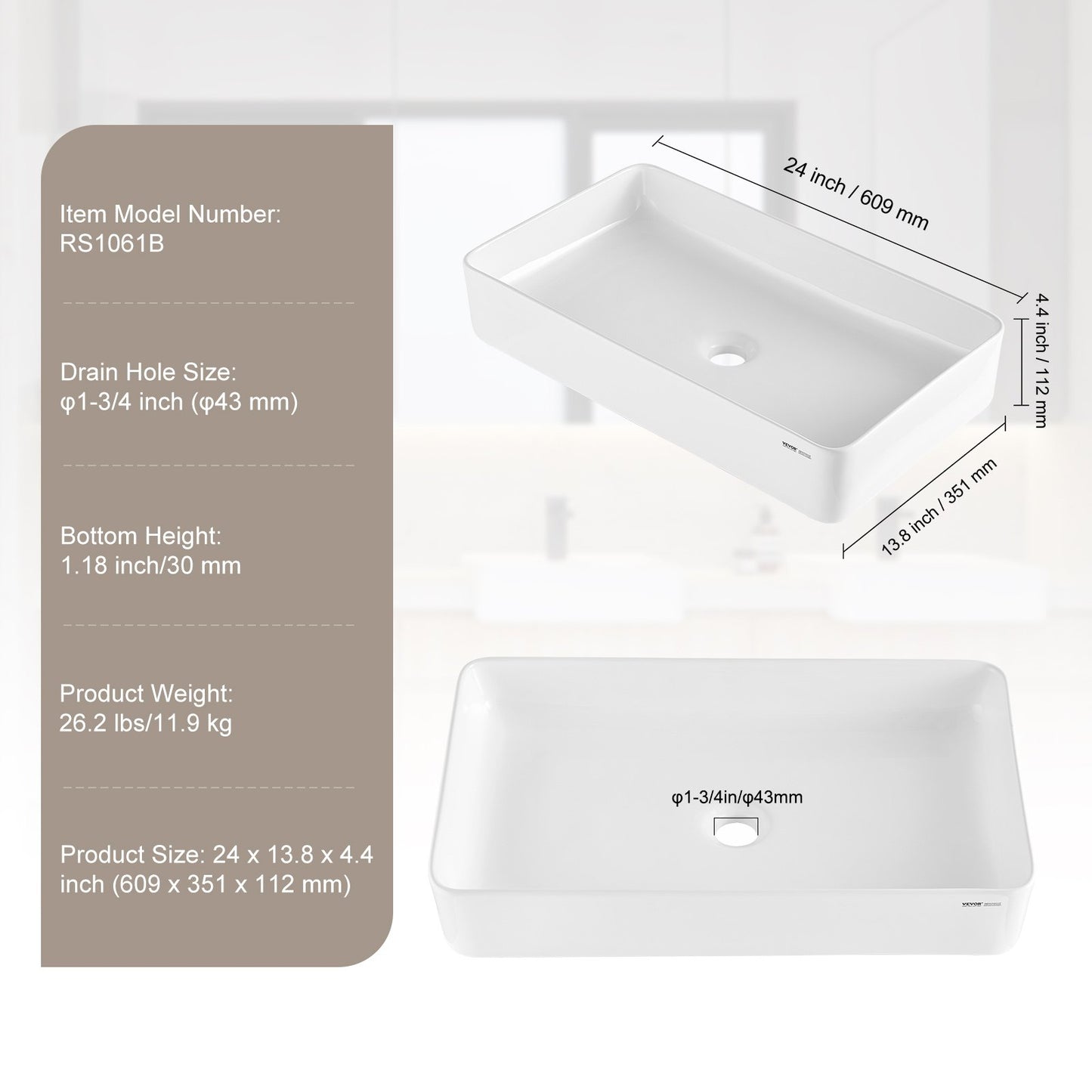 Rectangle Vessel Sink, 24" x 13.8" Bathroom Vessel Sink Countertop, White Ceramic Bathroom Sinks Above Counter, Modern Style, Bright and Elegant, Well-Packaged for Bathroom, Hotel, Toilet, RV