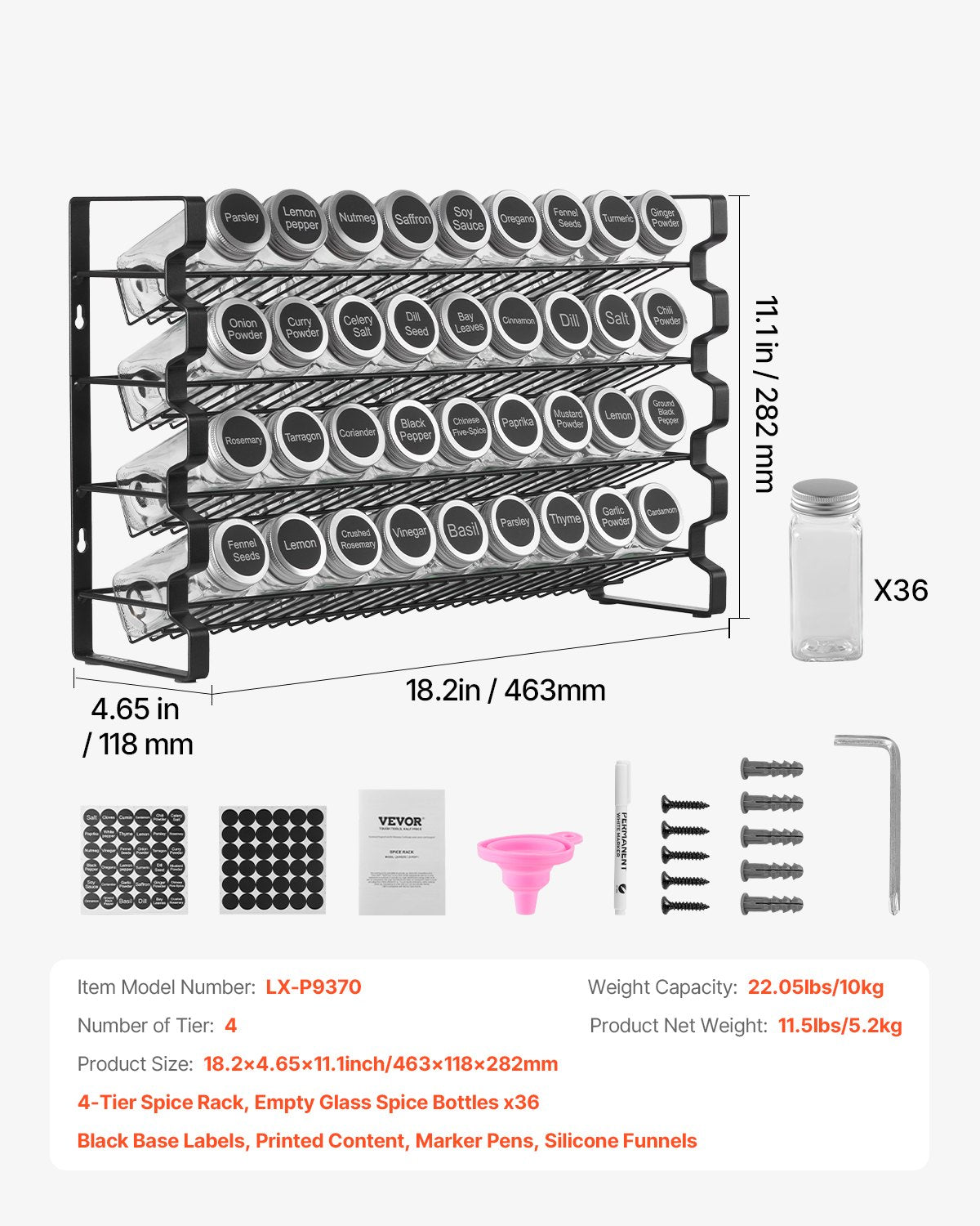 Spice Rack Organizer for Cabinet, Spice Organizer with 36 Empty Spice Jars, Lids, Spice Labels, and Funnel Complete Set, Seasoning Organizer for Countertop, Kitchen, Pantry, Cupboard, 18x11 in