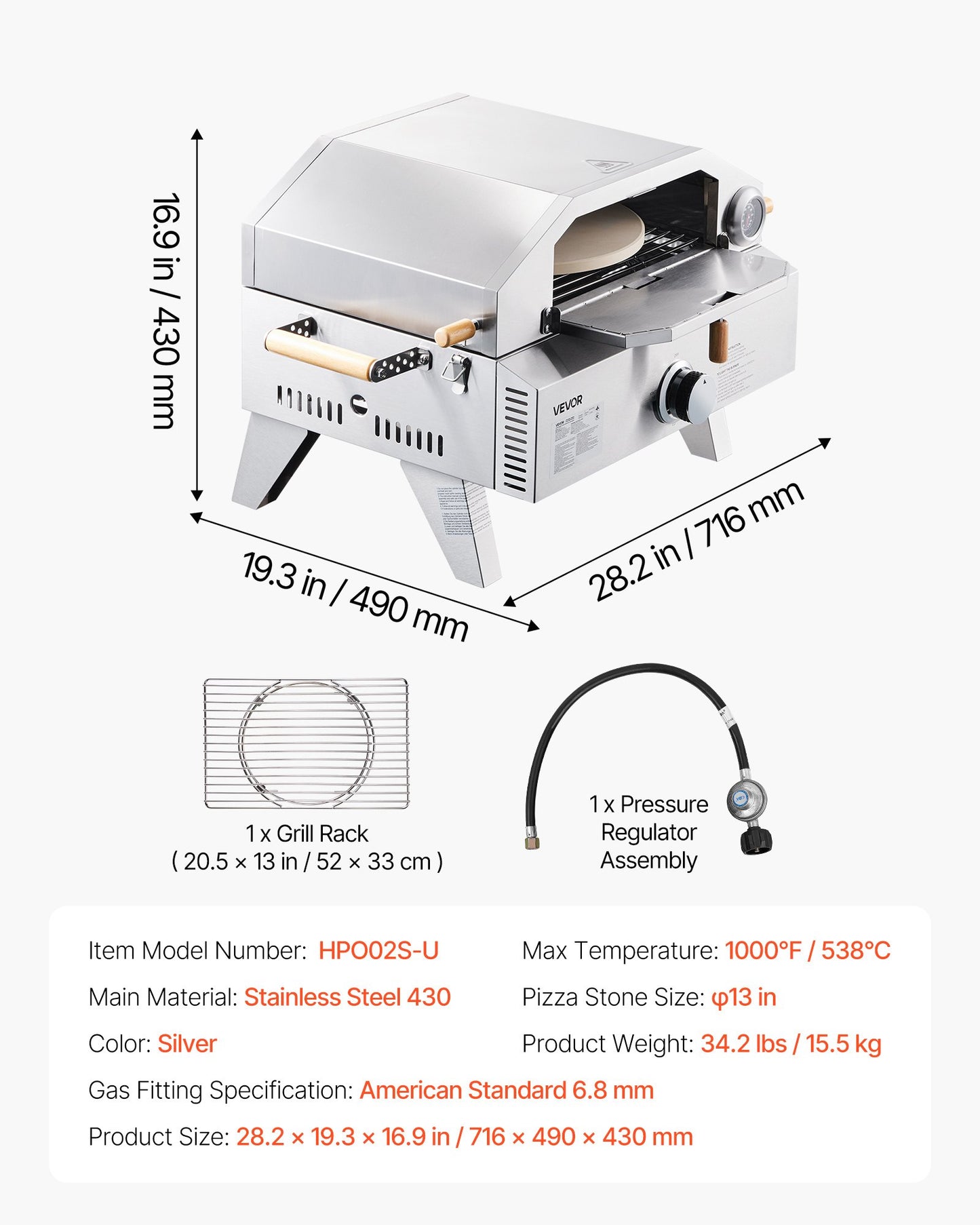 Outdoor Pizza Oven, 13 in Gas Fired Pizza-Maker, Portable Outside Gas Oven with Thickened Cordierite Pizza-Stone, and Built-in Thermometer, Pizza or Grill Two Modes, for Camping & Backyard