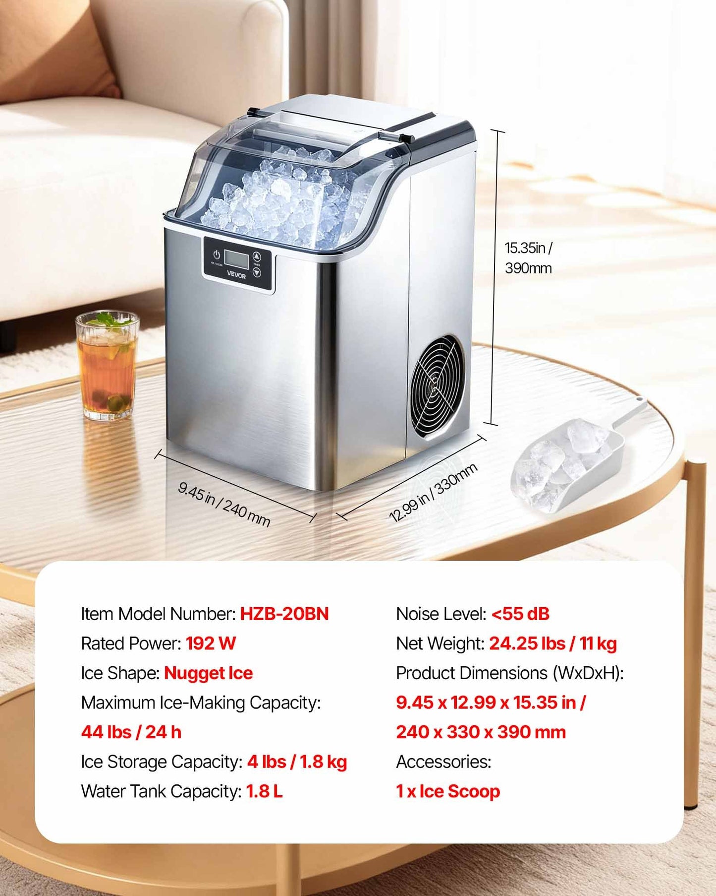 Countertop Ice Maker, 44 lbs per Day, Self-Cleaning Portable Machine with Scoop, 4 lbs Ice-Storage Basket, Nugget Ice-Making Machine with Chewable Ices for Home, Kitchen, Office, Bar & Party