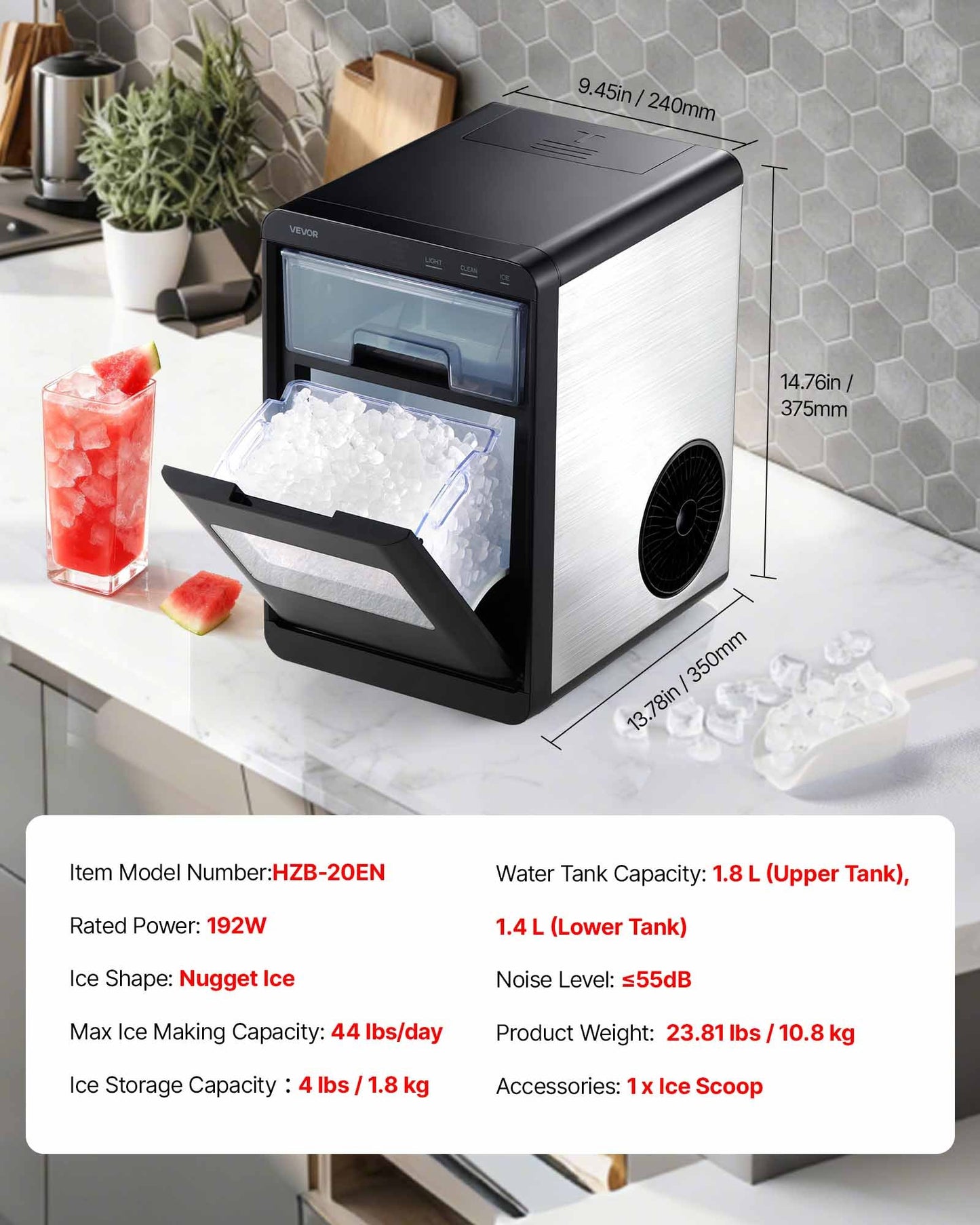 Countertop Ice Maker, 44 lbs per Day, Self-Cleaning Portable Machine with Scoop, Drawer-Style Ice Access, Nugget Ice-Making Machine with Chewable Ices for Home, Kitchen, Office, Bar & Party