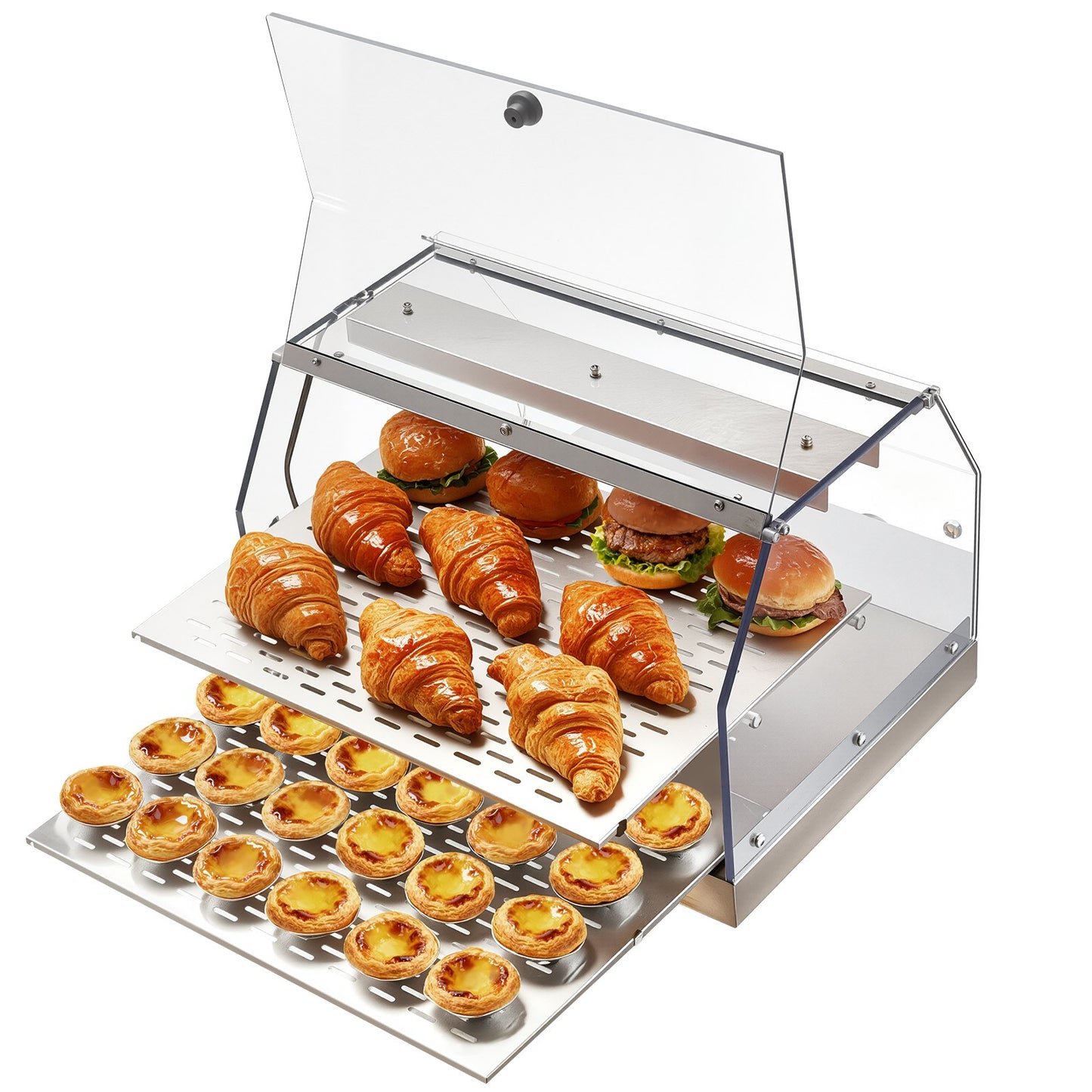 2-Tier Commercial Food Warmer Display, 450W Food Display Warmer with Light, Detachable Shelves and Double-Sided Door Design, 85℉~185℉ Air Heating, 48L for Hamburger, Pizza, Bread, Fried Chicken