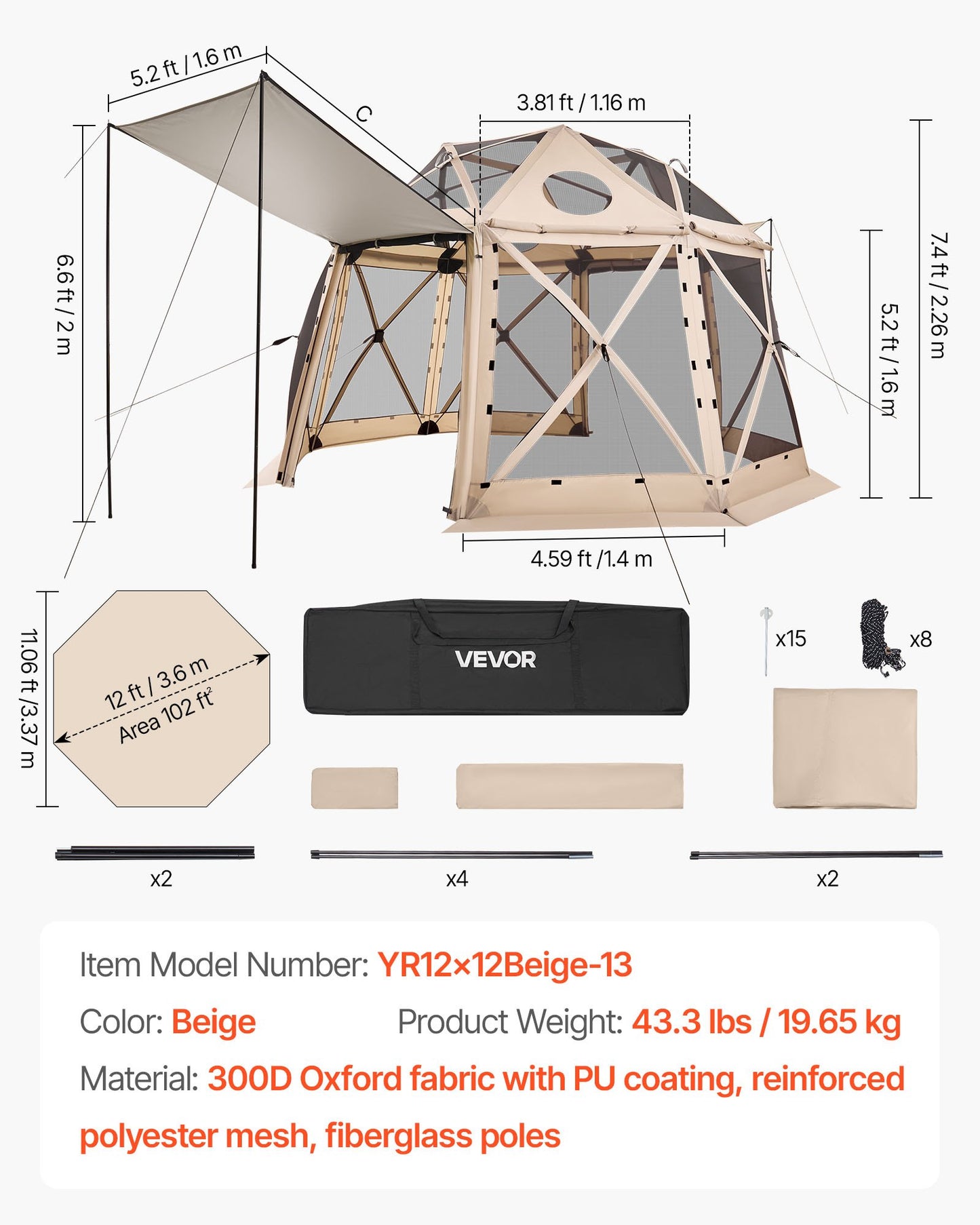 Pop up Gazebo Screen Tent, 12 x 12 ft, 13-Sided Spherical Camping Canopy Tent with Removable Top & Carry Bag, Quick-Set & Bite-Proof, Screen House Sun Shelter for 8-10 Persons, Beige