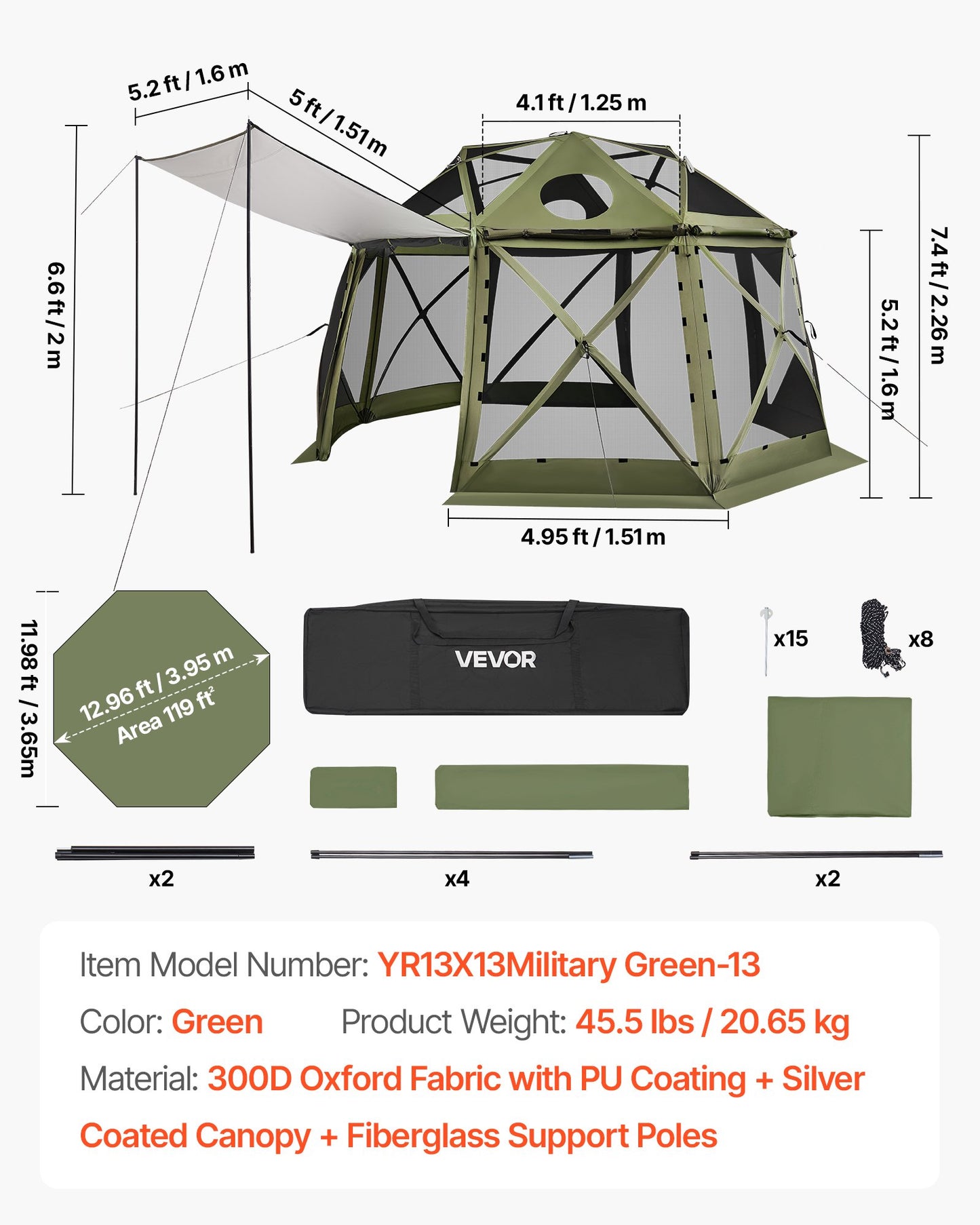Pop up Gazebo Screen Tent, 13 x 13 ft, 13-Sided Spherical Camping Canopy Tent with Removable Top & Carry Bag, Quick-Set & Bite-Proof, Screen House Sun Shelter for 10-12 Persons, Green