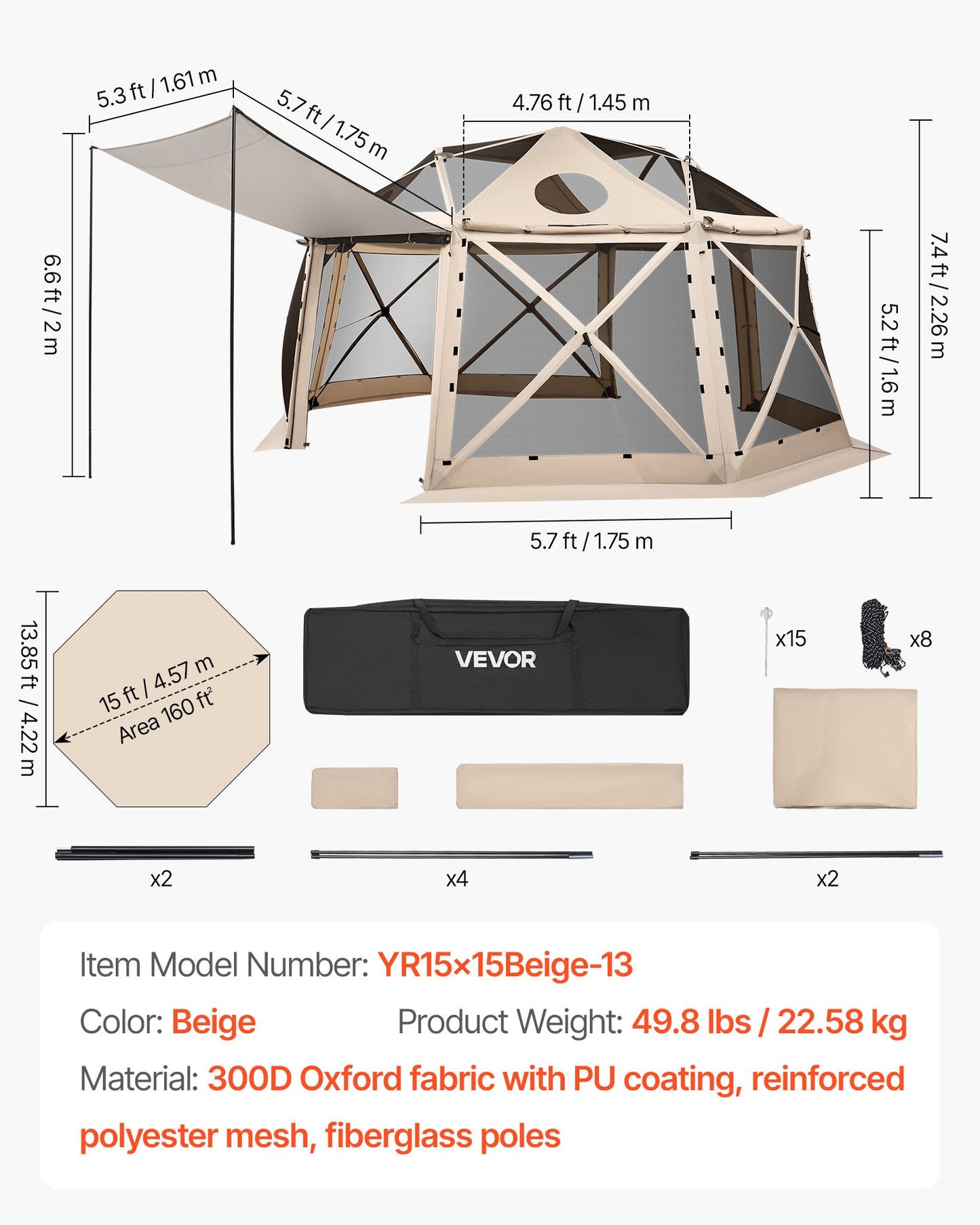 Pop up Gazebo Screen Tent, 15 x 15 ft, 13-Sided Spherical Camping Canopy Tent with Removable Top & Carry Bag, Quick-Set & Bite-Proof, Screen House Sun Shelter for 12-15 Persons, Beige