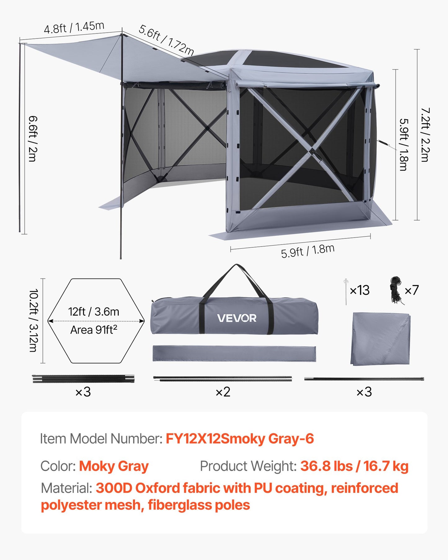 Pop up Gazebo Screen Tent, 12 x 12 ft Large 6-Sided Camping Canopy Tent with Removable Top & Carry Bag, Quick-Set & Bite-Proof, Screen House Sun Shelter for 8-10 Persons Backyard Patio, Grey